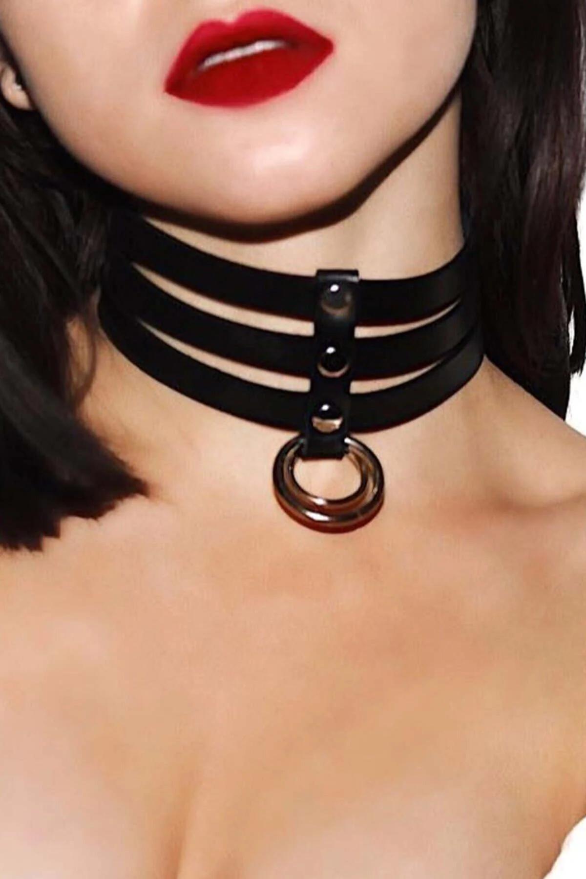 Leather Choker Necklace - Triple-Strap O-Ring Design