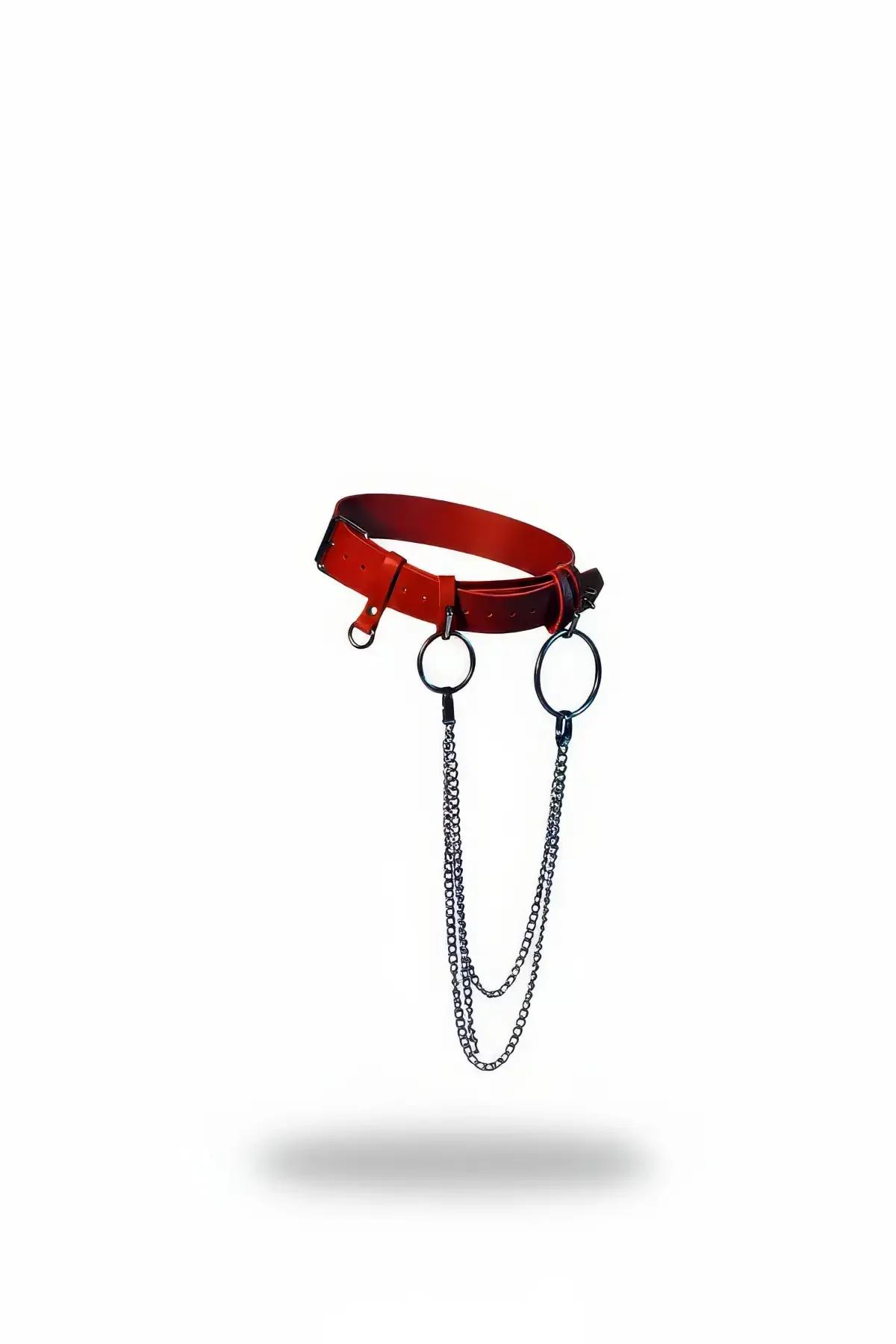 Red Faux Leather Waist Belt Harness with Dual O-Ring Chains