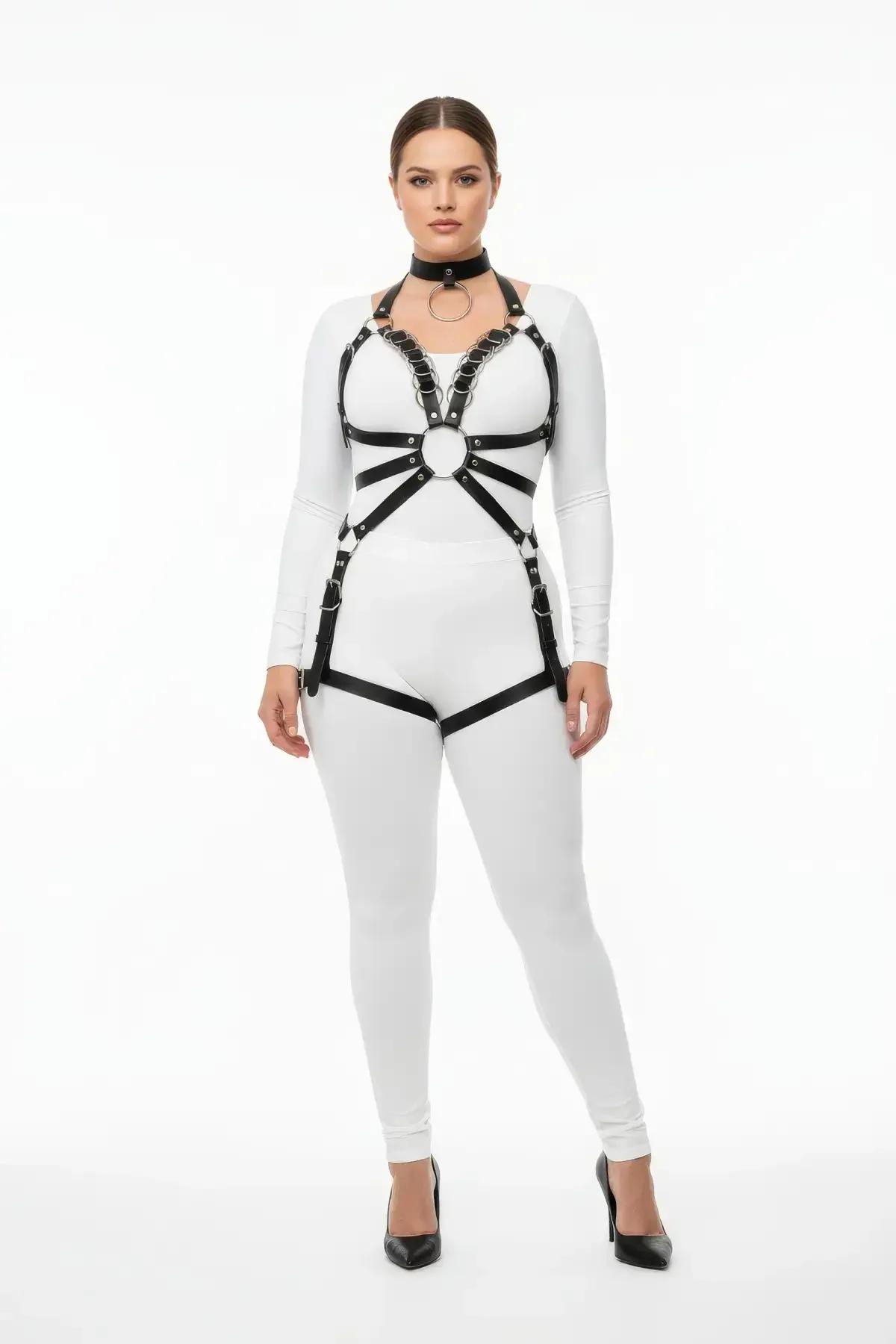 Plus Size Black Leather Body Harness Suit for Women