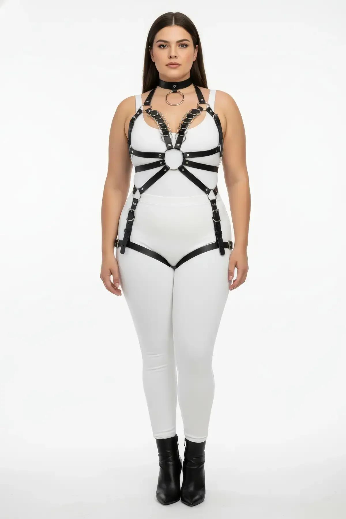 Plus Size Black Leather Body Harness Suit for Women