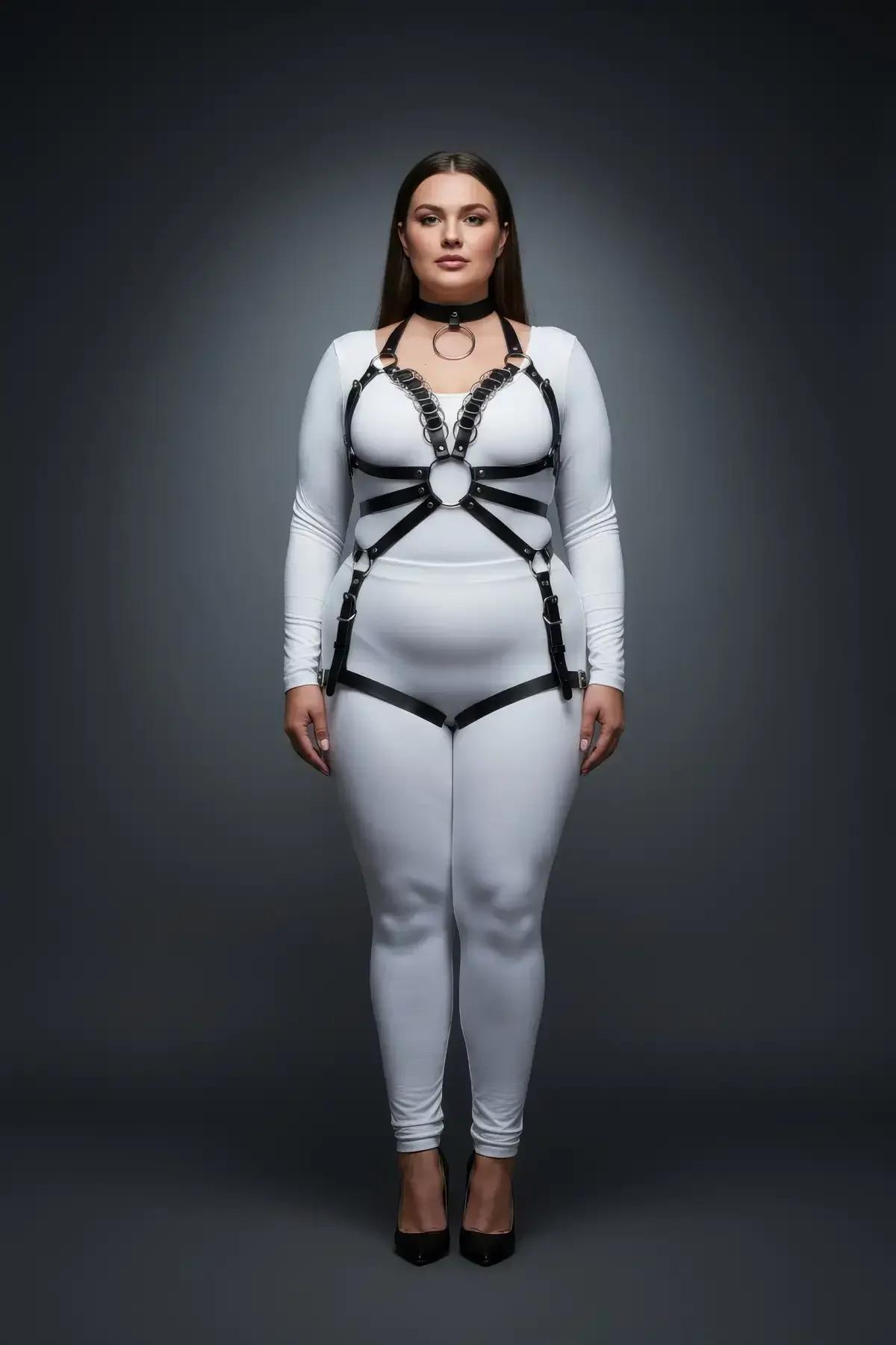 Plus Size Black Leather Body Harness Suit for Women
