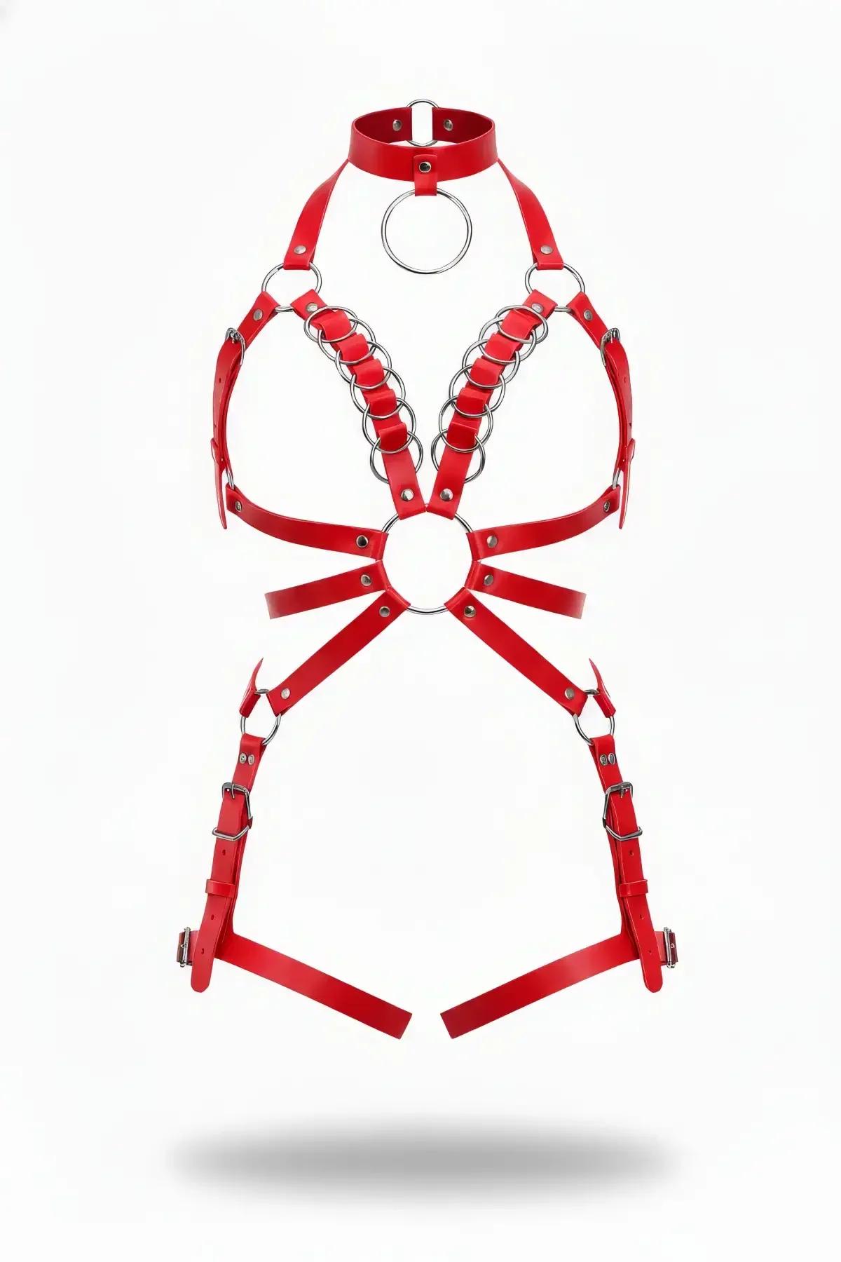 Red Faux Leather Body Harness with O-Ring Halter Neck