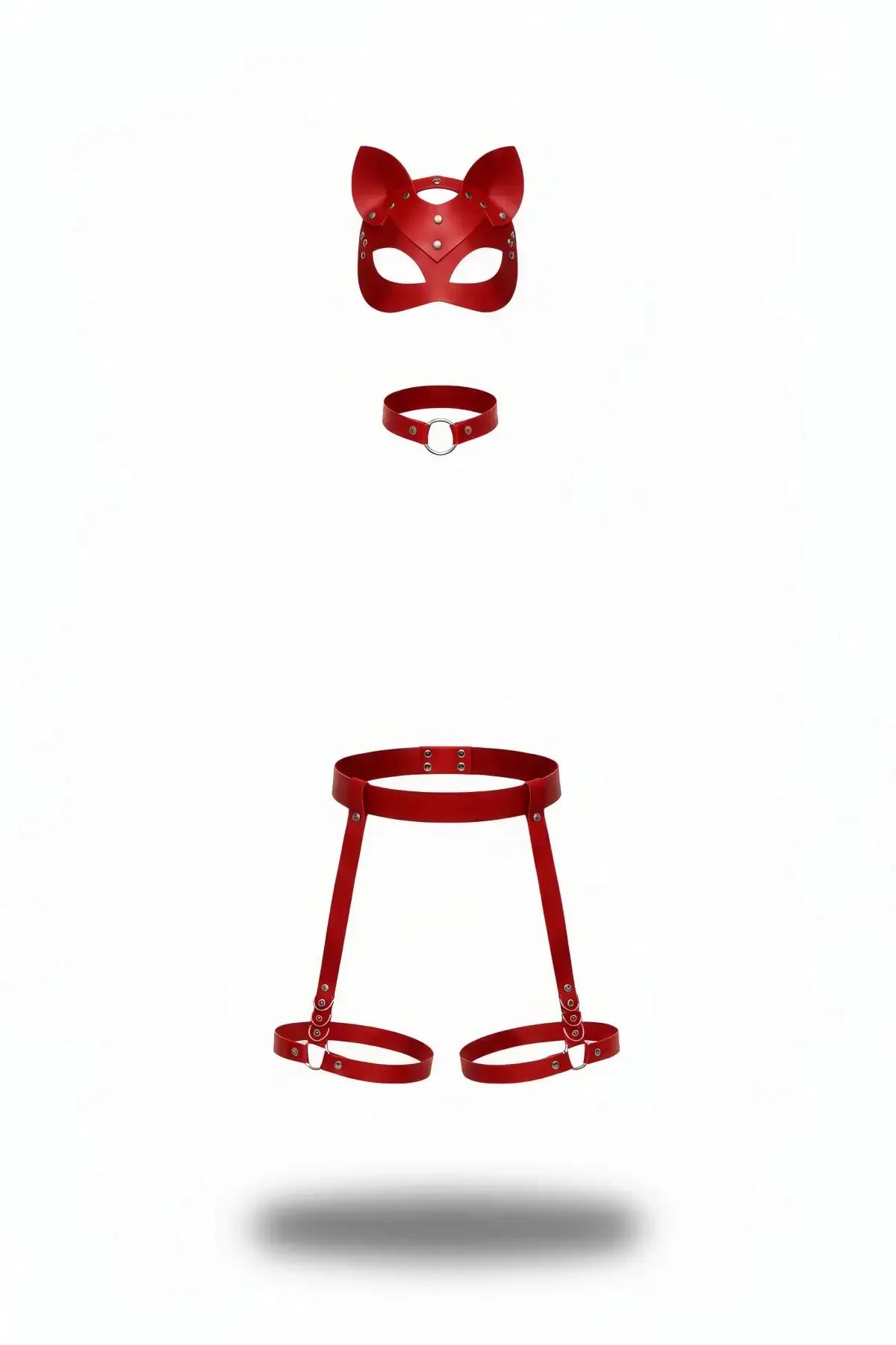 Red Faux Leather Harness Set with Mask and Leg Garters