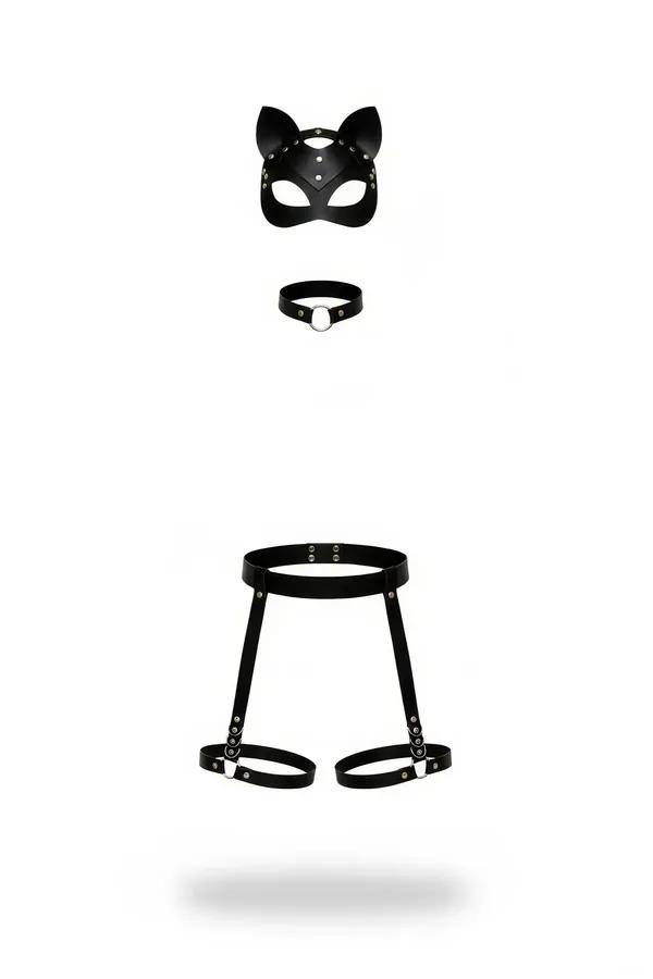 Faux Leather Cat Mask with Choker and Leg Harness Set