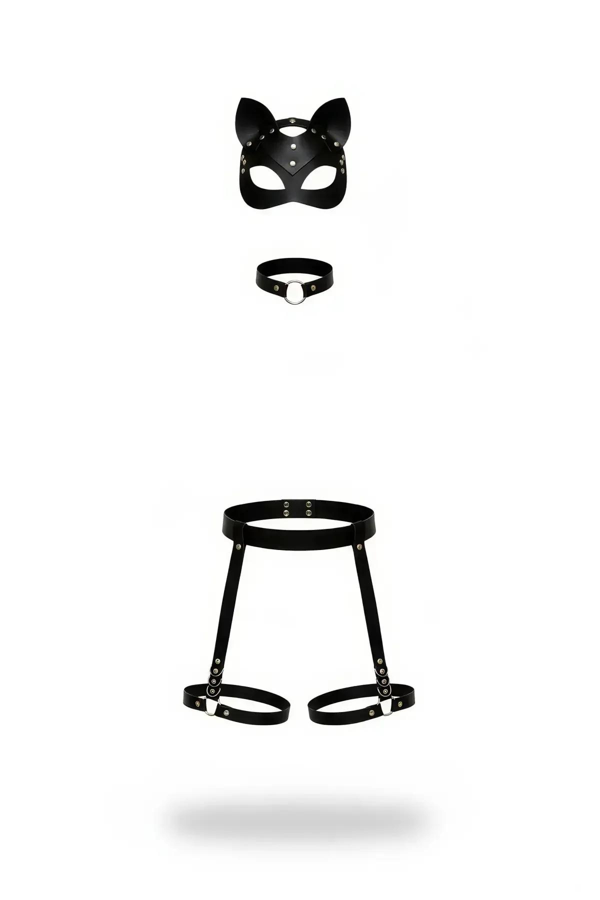 Faux Leather Cat Mask with Choker and Leg Harness Set