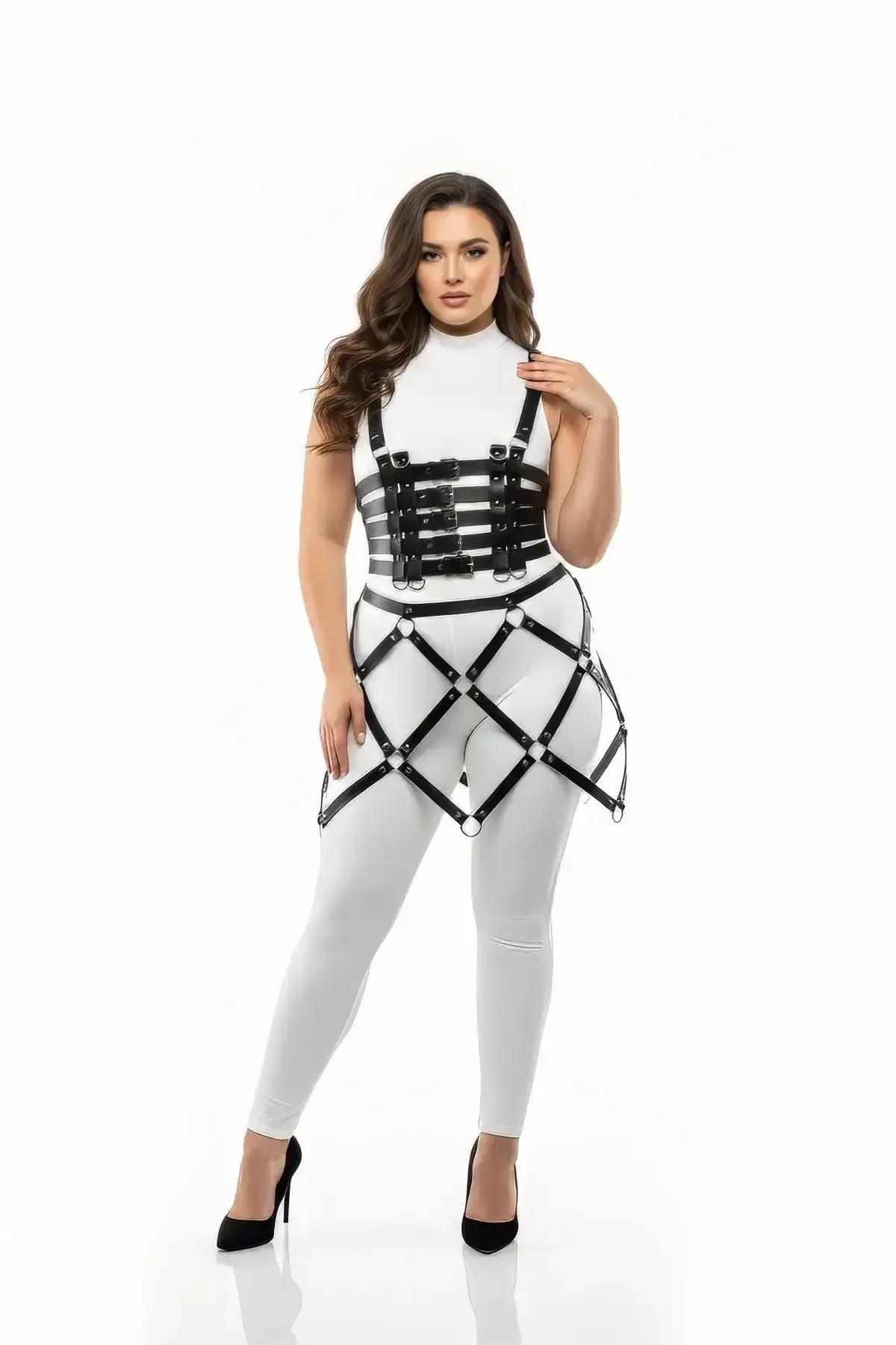 Black Faux Leather Skirt & Corset Body Harness Set