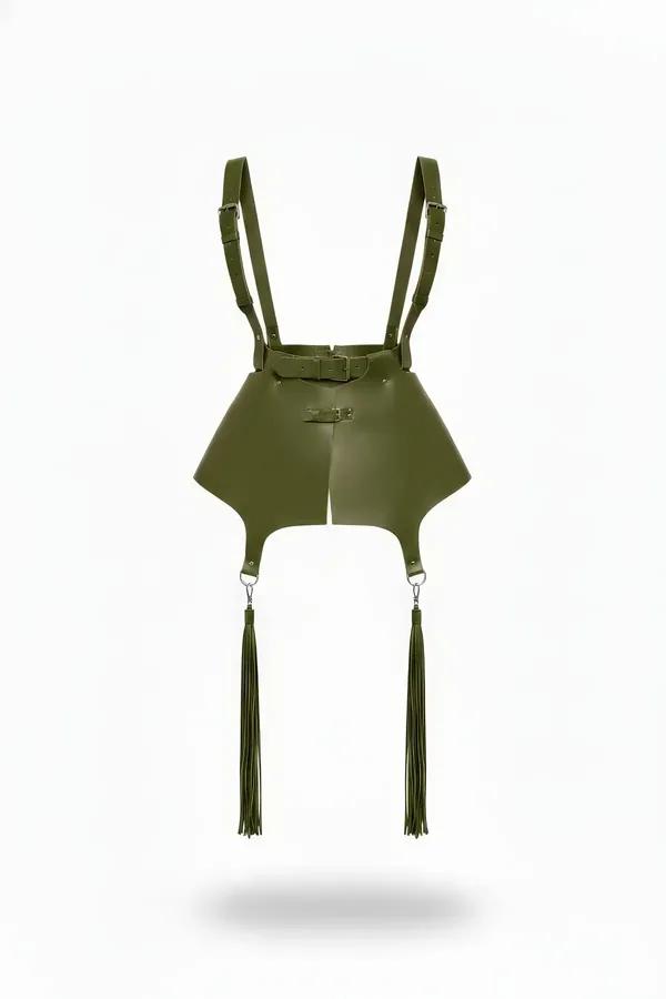 Khaki Faux Leather Skirt Harness with Adjustable Shoulder Straps