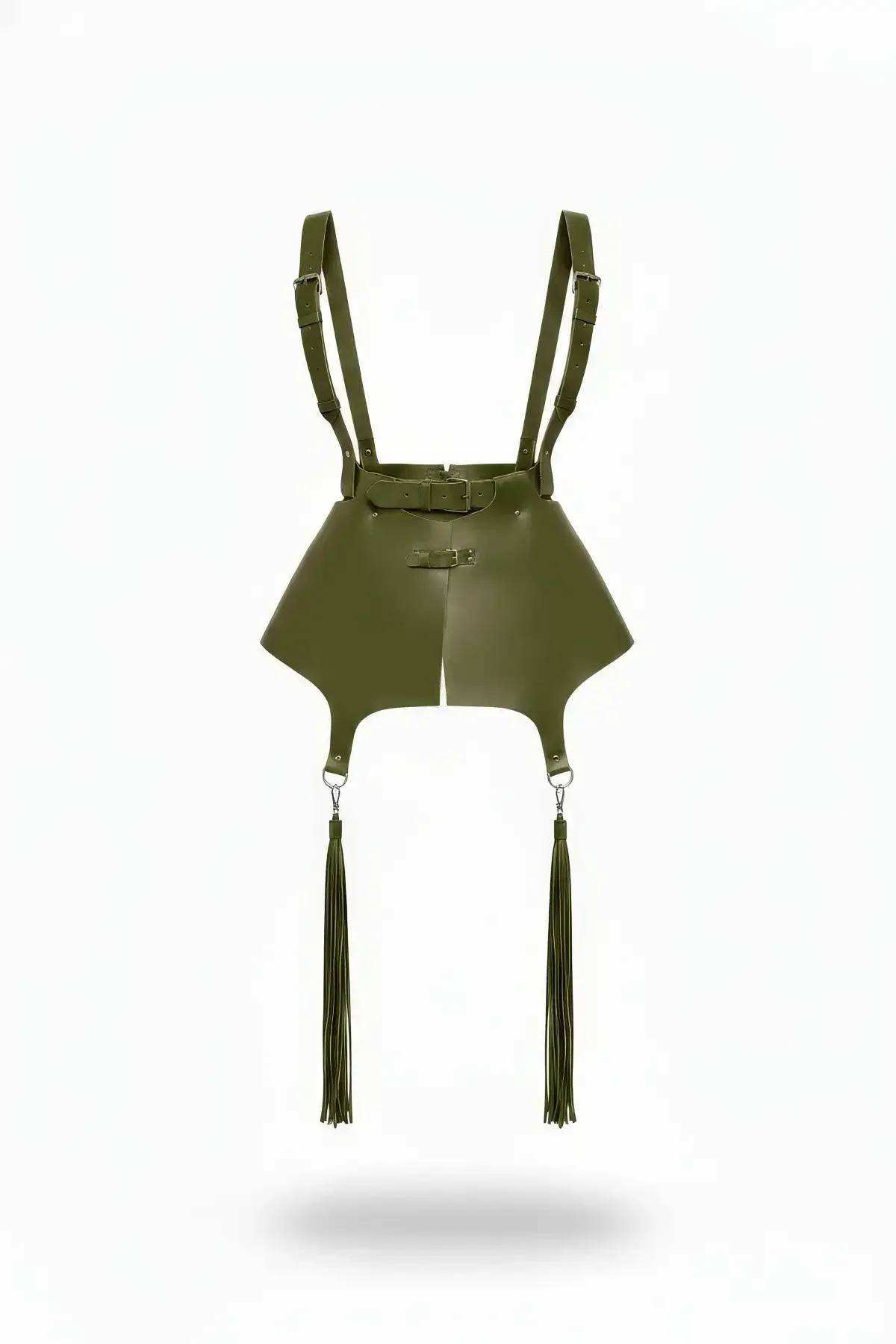 Khaki Faux Leather Skirt Harness with Adjustable Shoulder Straps