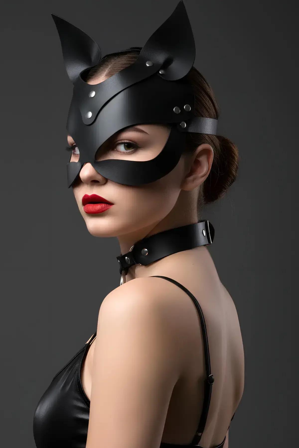 Faux Leather Cat Mask with Adjustable Ears & Choker