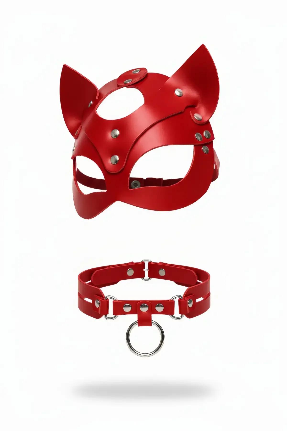 Red Faux Leather Cat Ears Mask & Choker Collar Set