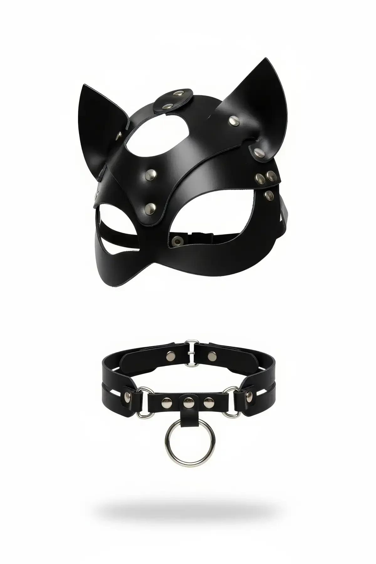 Black Faux Leather Cat Mask & Collar Set with O-Ring