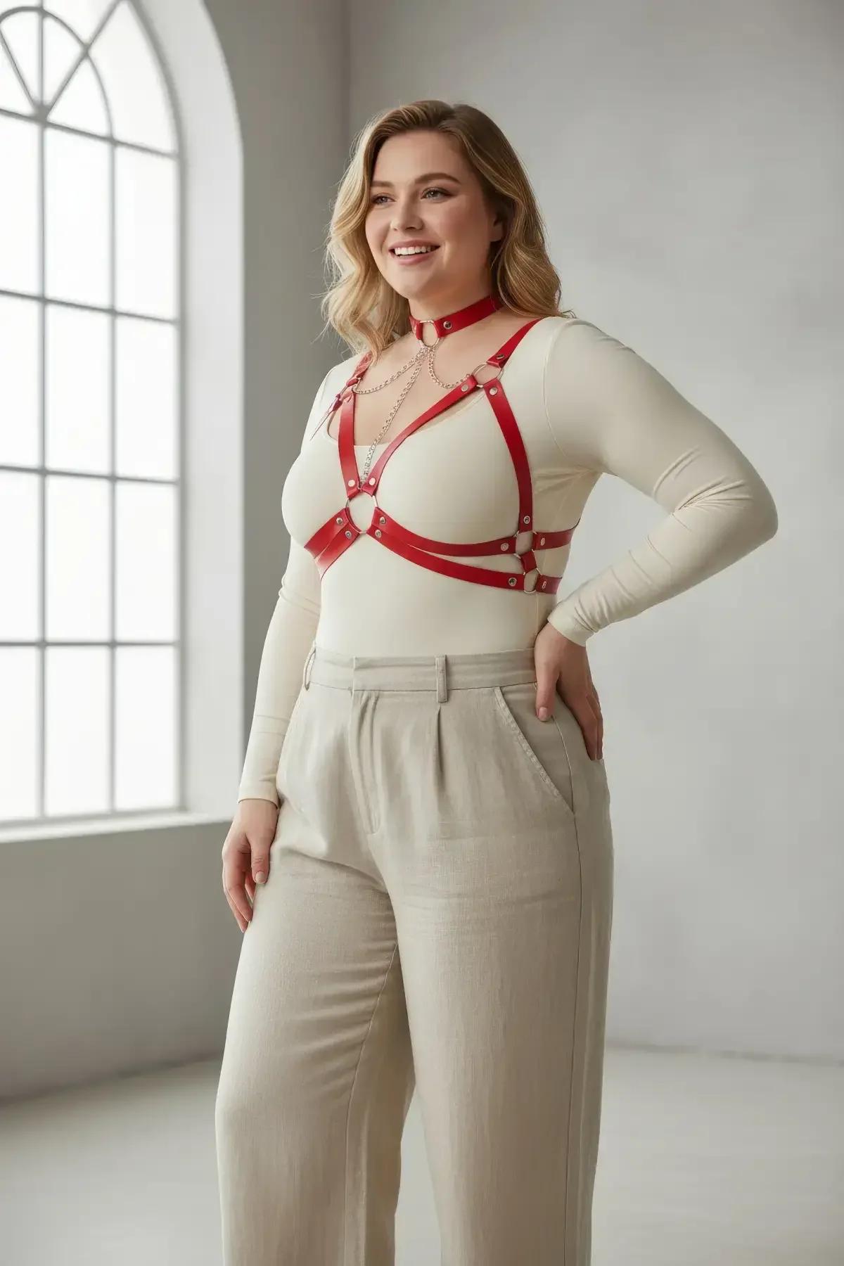 Red Faux Leather Chest Harness with Choker & Chain