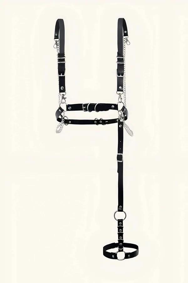 Womens Adjustable Leather Body Harness with Chains