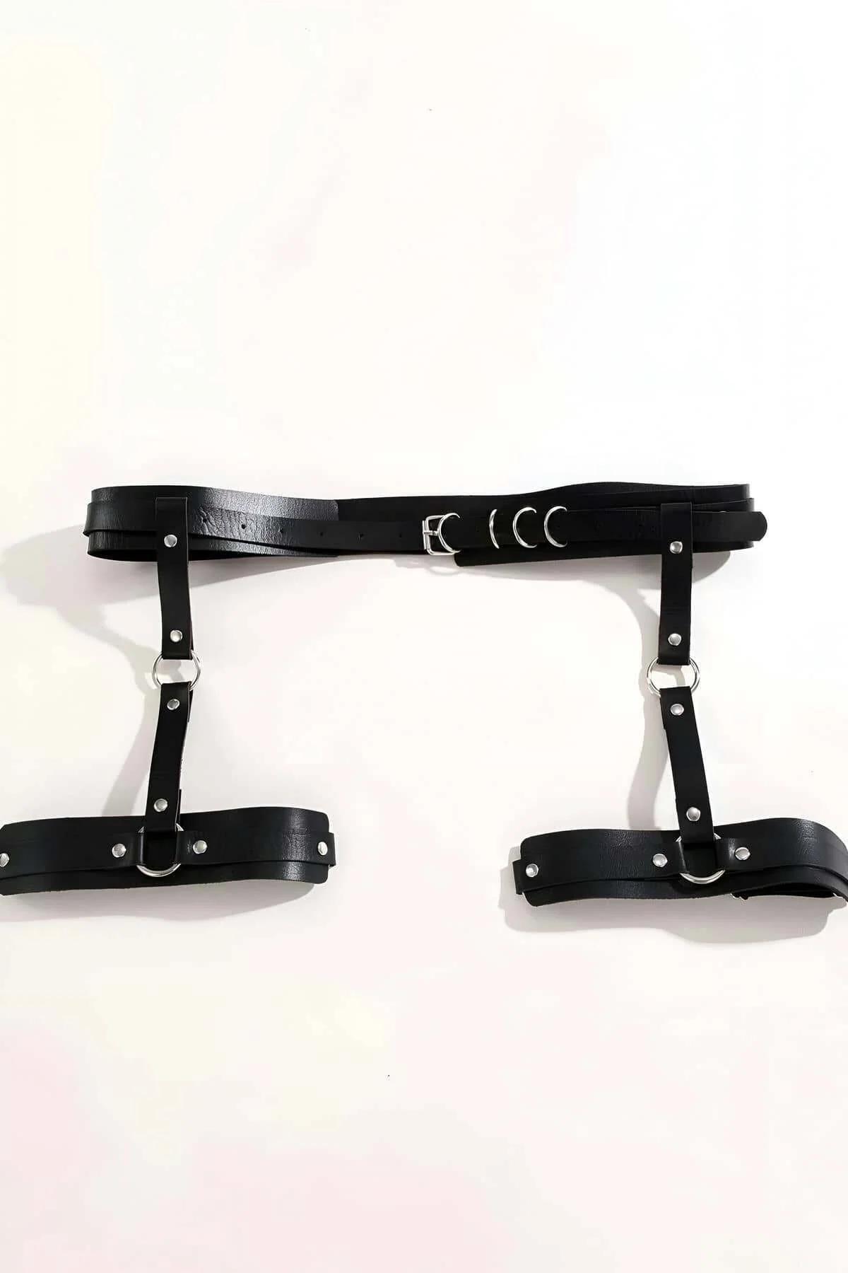 Garter Harness Belt with Adjustable Thigh Straps - Black Vegan Leather
