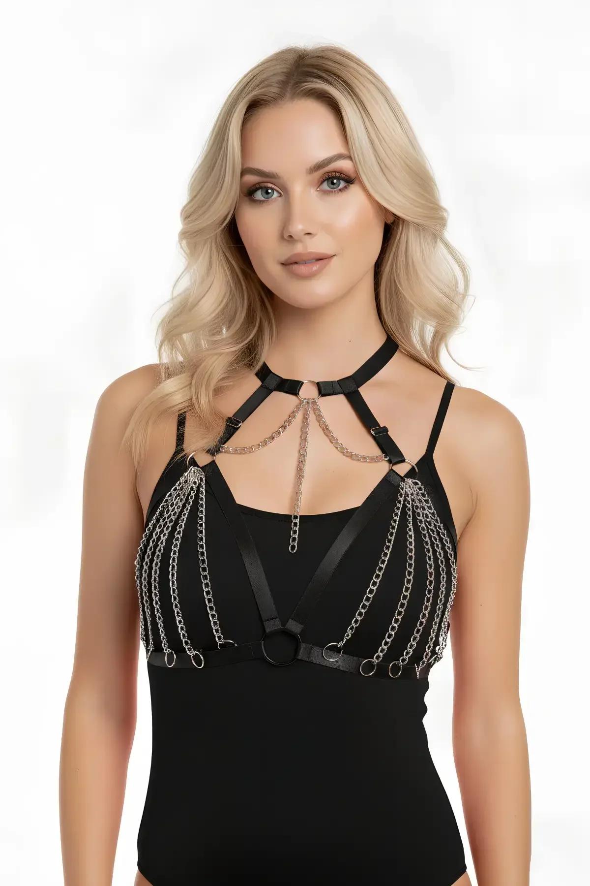 Black Faux Leather Body Harness with Chain Draping