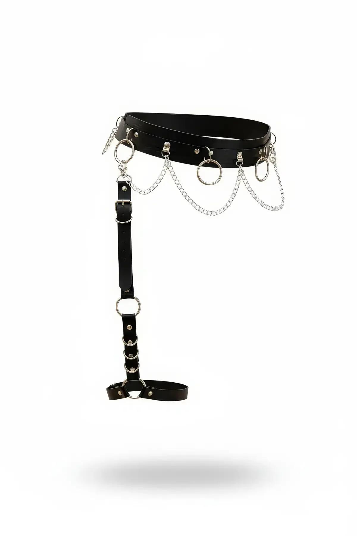 Faux Leather Chain Waist Harness with Detachable Leg Garter