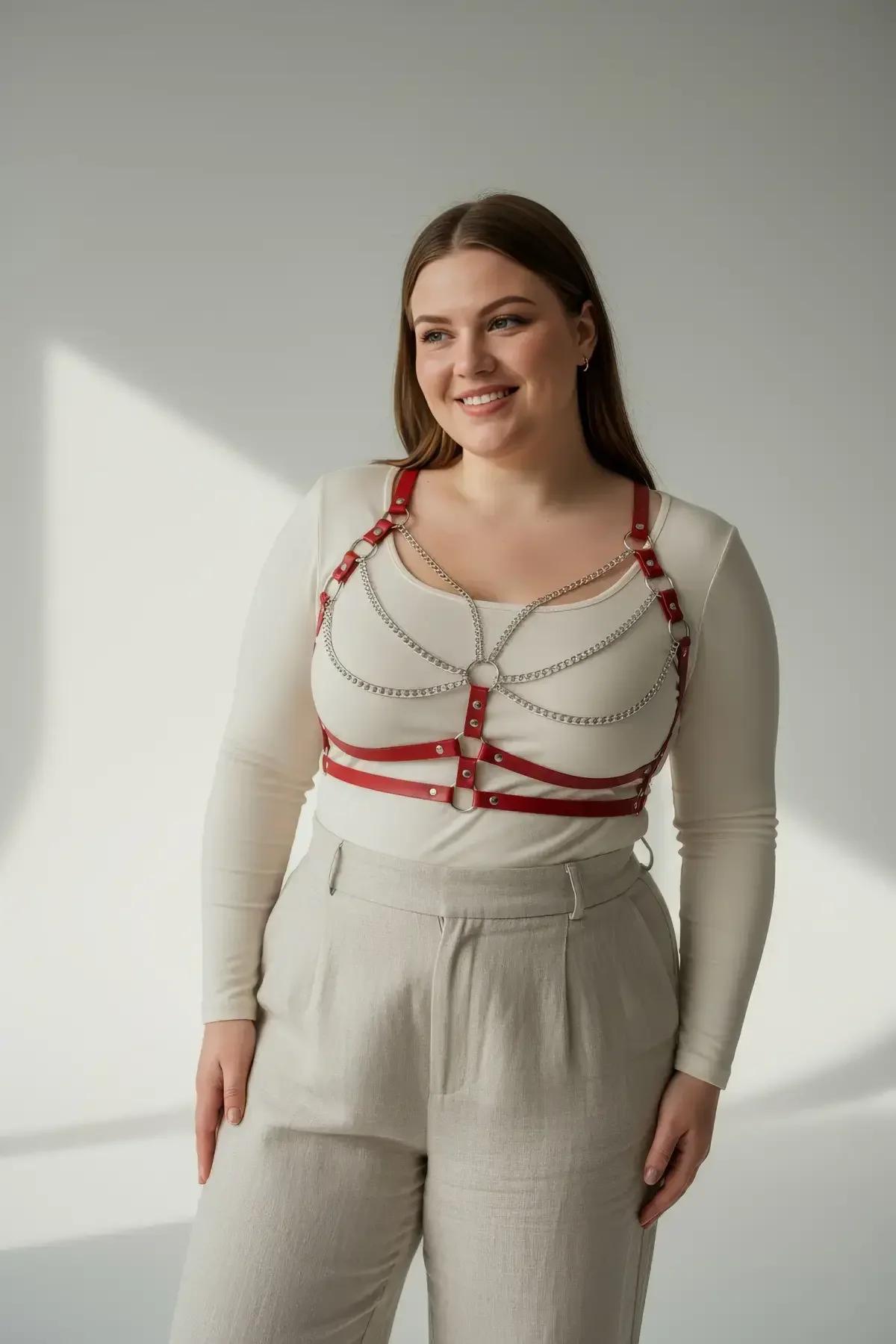 Red Chest Harness with Draped Chains and O-Rings