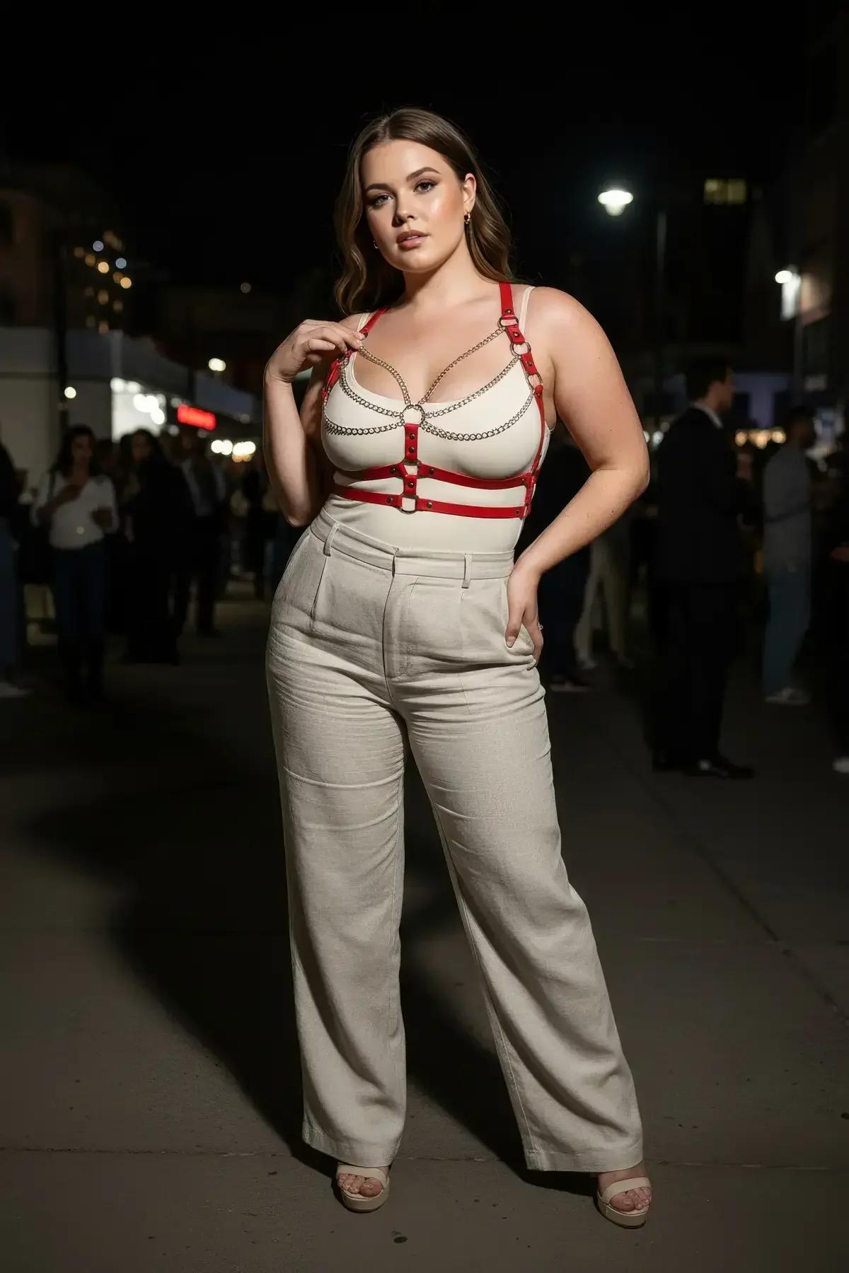 Red Chest Harness with Draped Chains and O-Rings