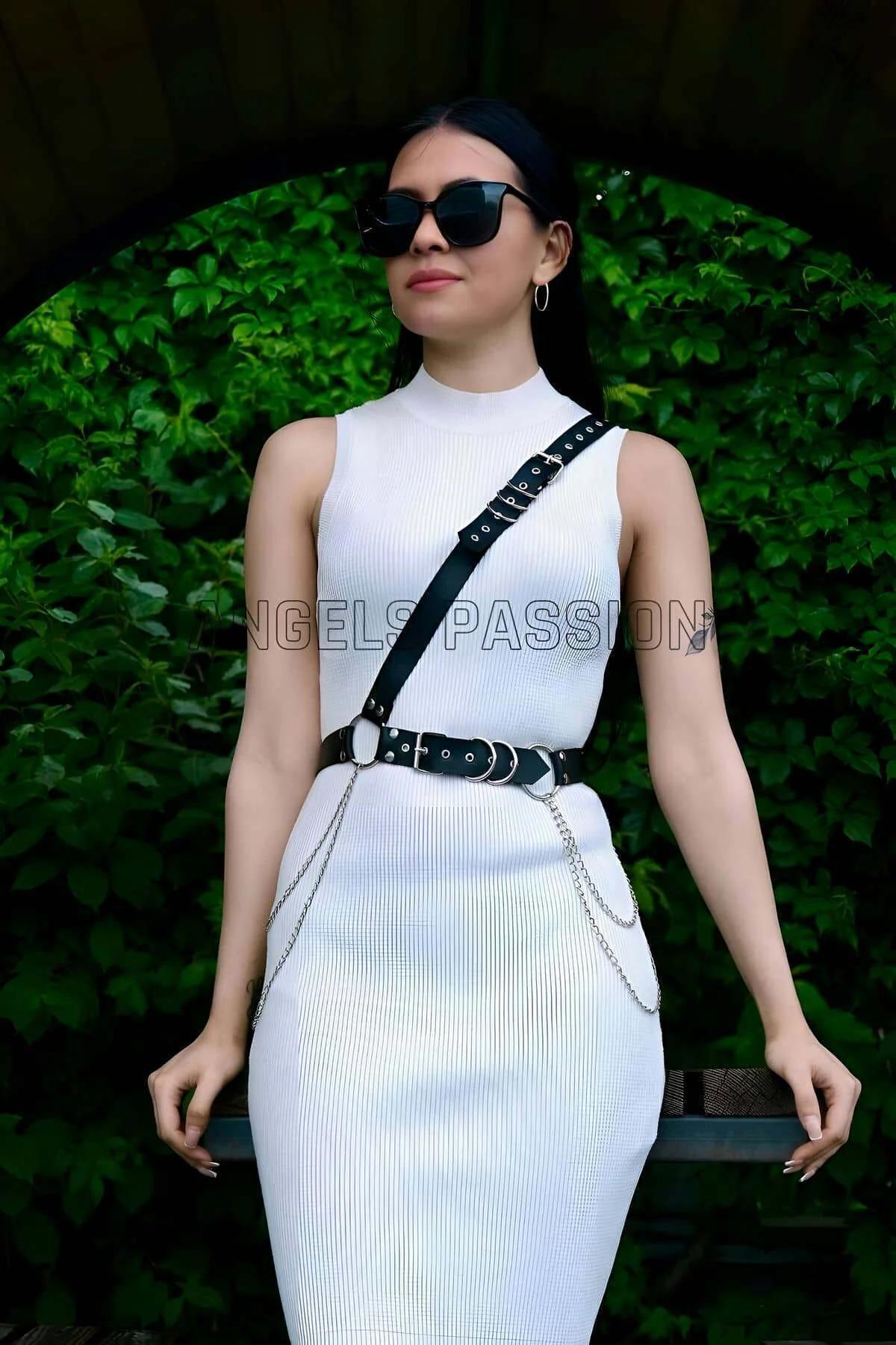 Leather Harness Belt Adjustable with Chain Detail for Women