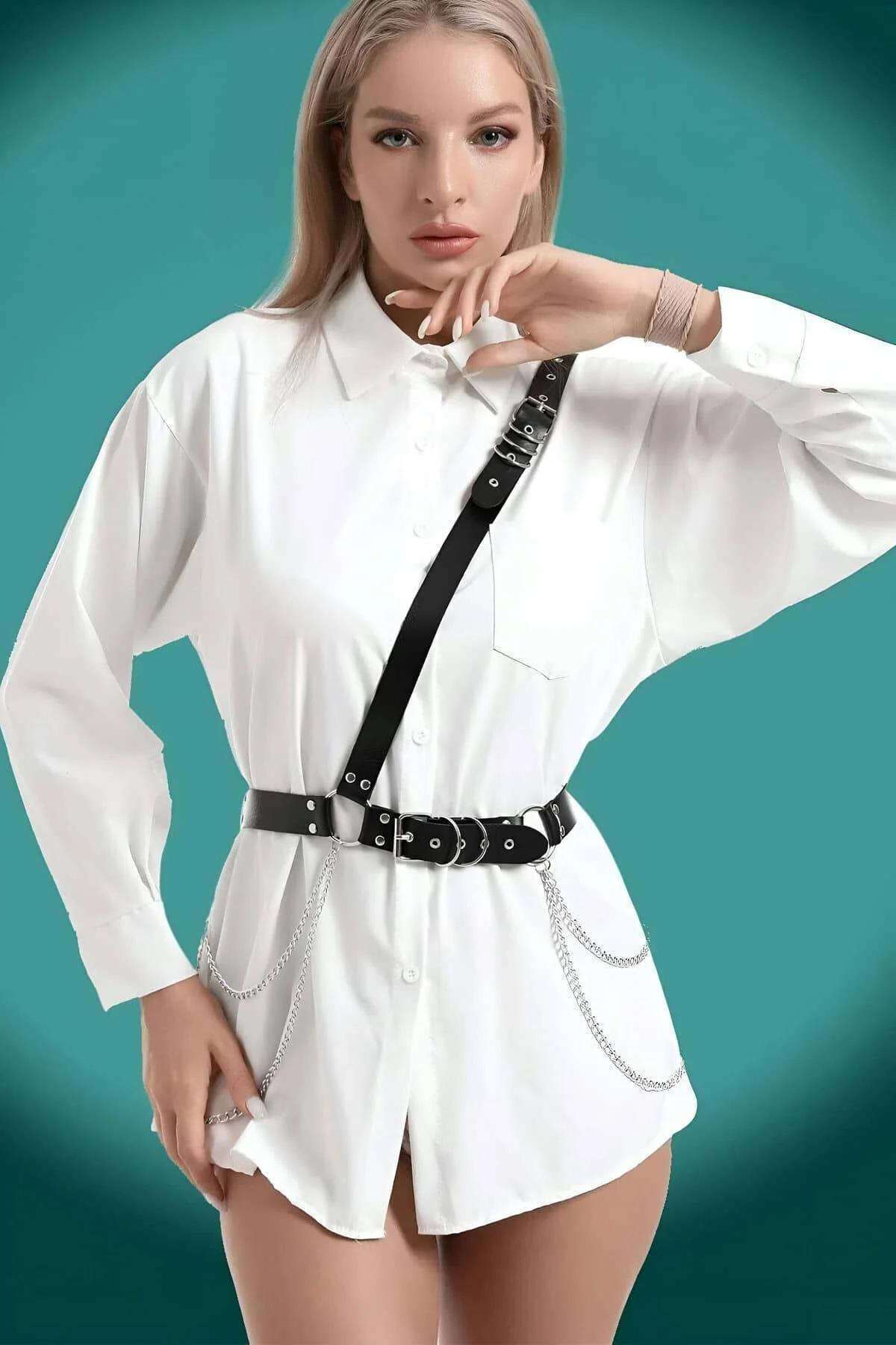Women's Adjustable Leather Harness Belt with Chains