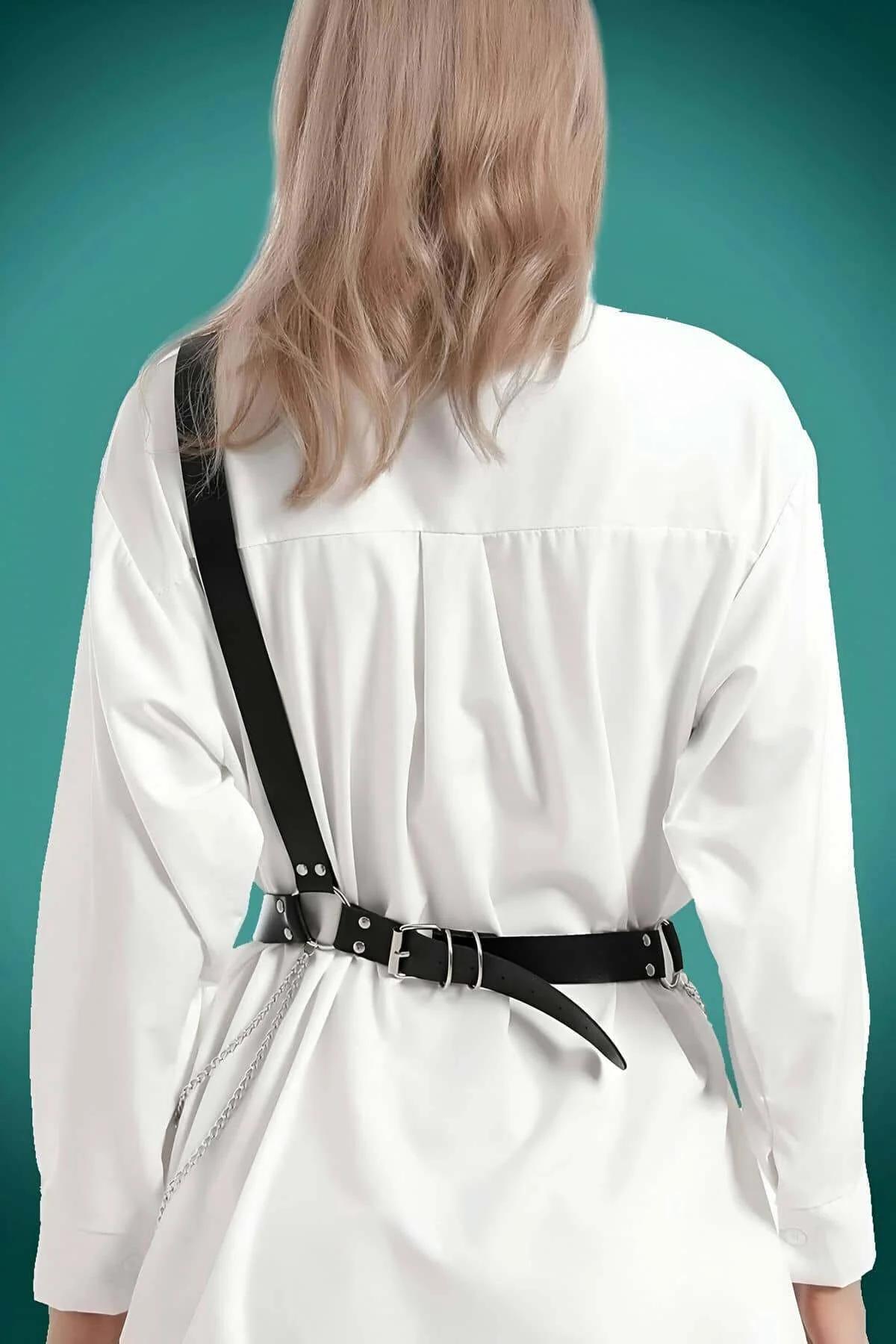 Women's Adjustable Leather Harness Belt with Chains