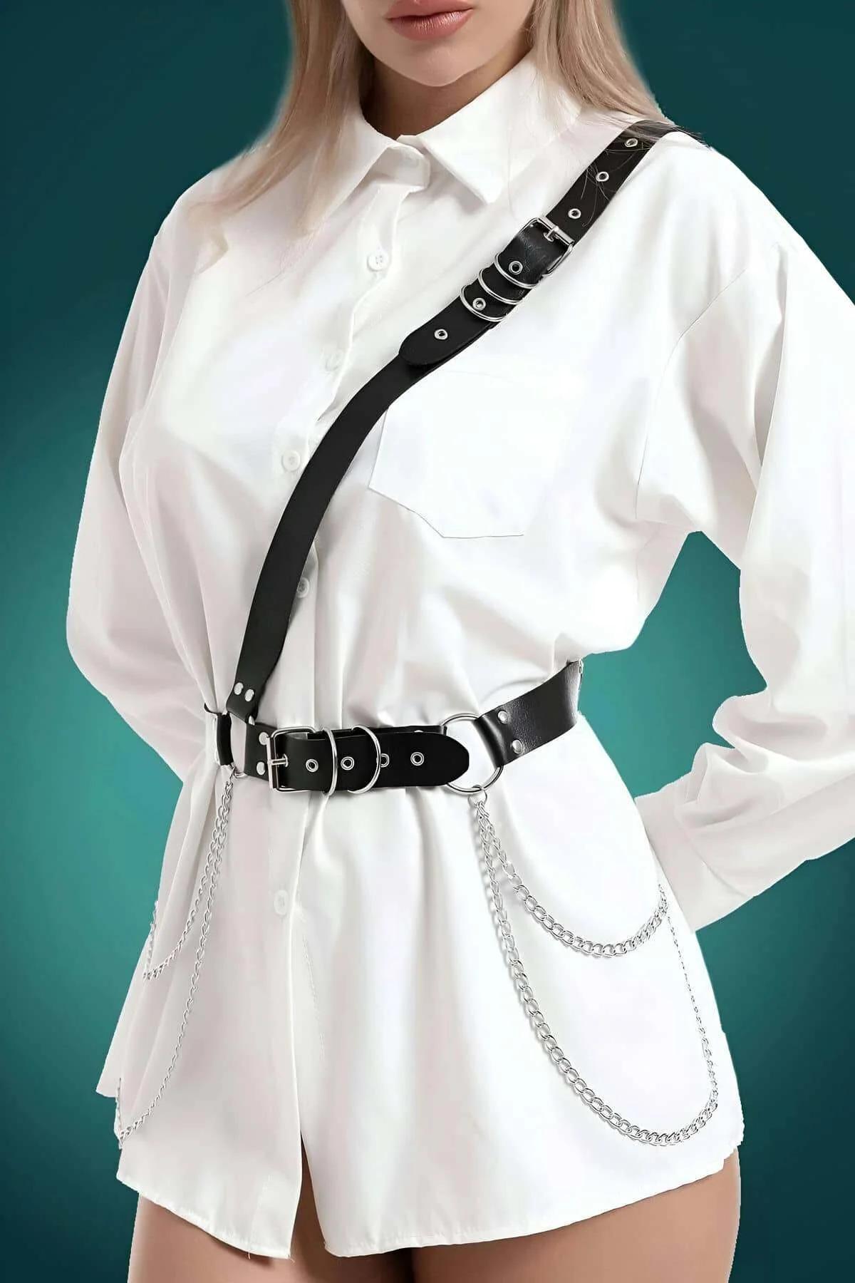 Women's Adjustable Leather Harness Belt with Chains