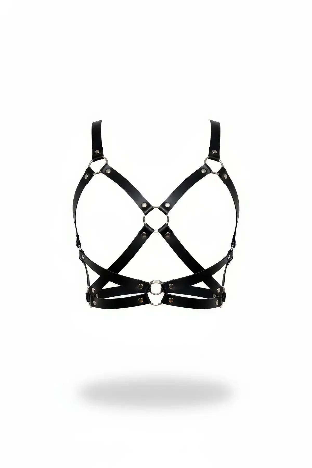 Black Faux Leather Caged Body Harness Bra Top