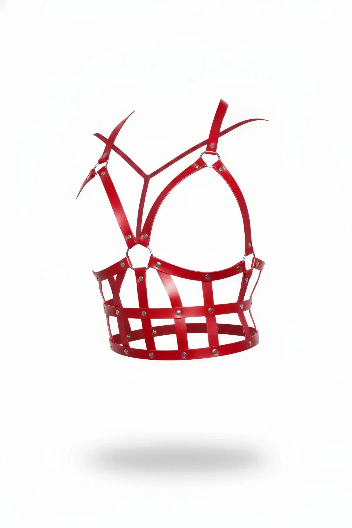 Red Faux Leather Cage Body Harness Top with Studs
