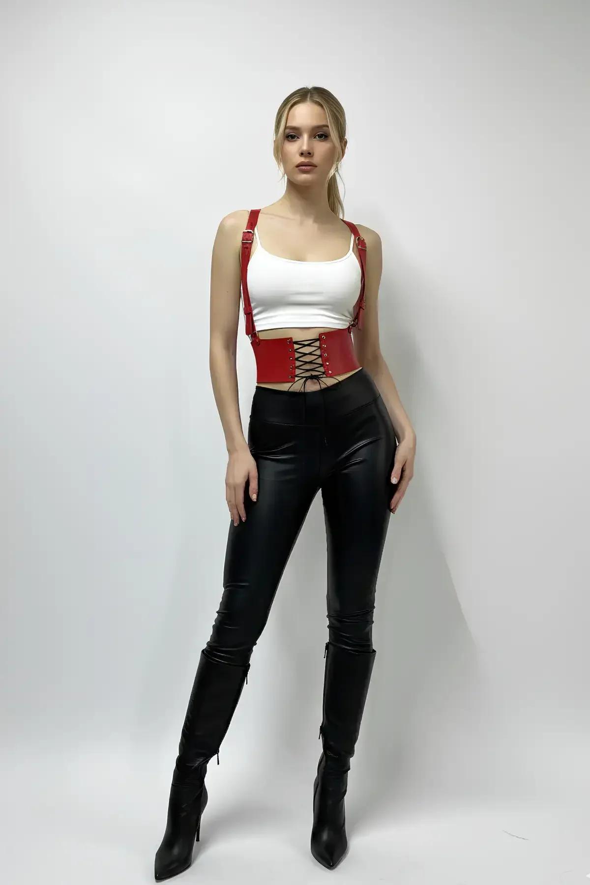 Red Faux Leather Waist Harness with Corset Lacing