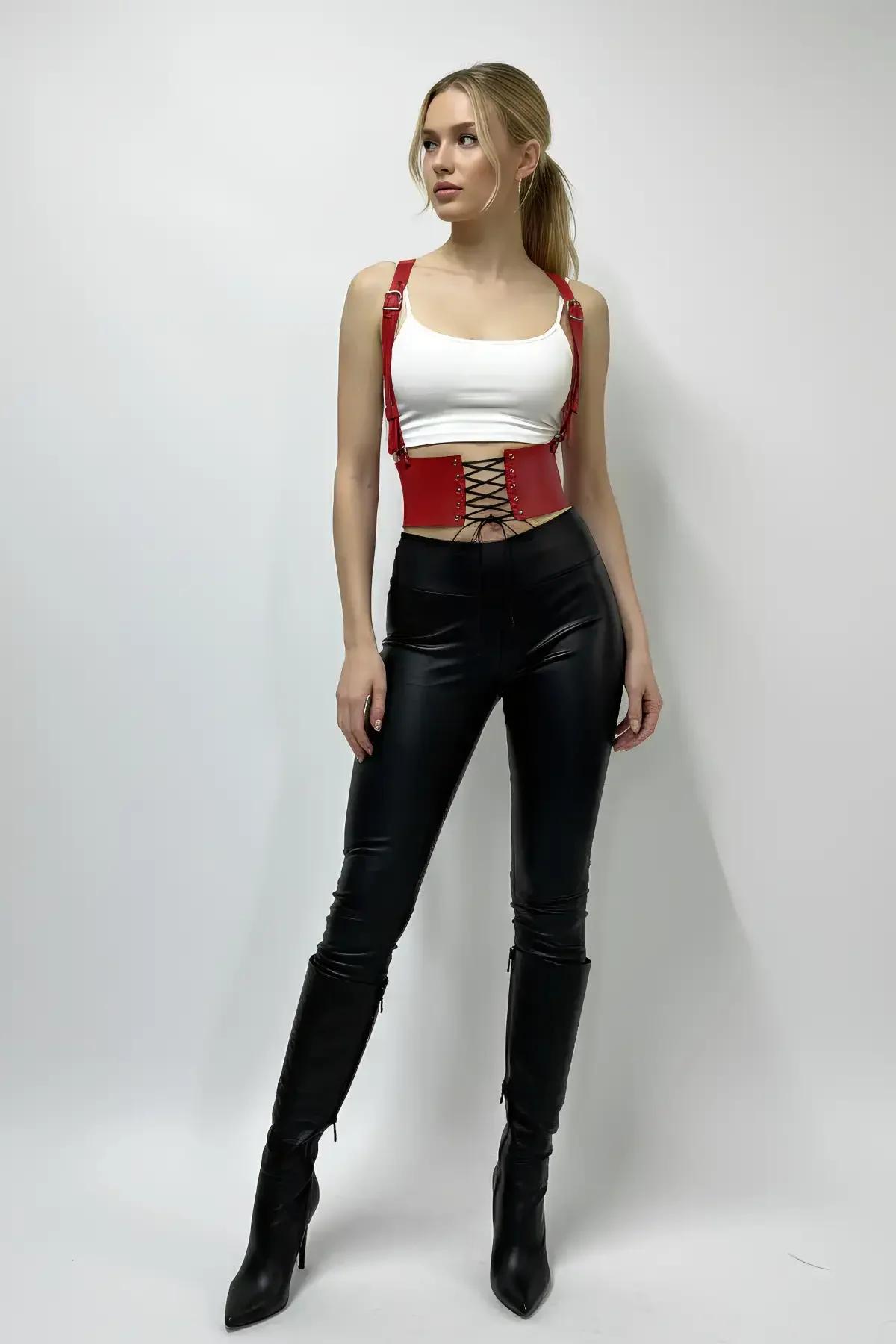 Red Faux Leather Waist Harness with Corset Lacing