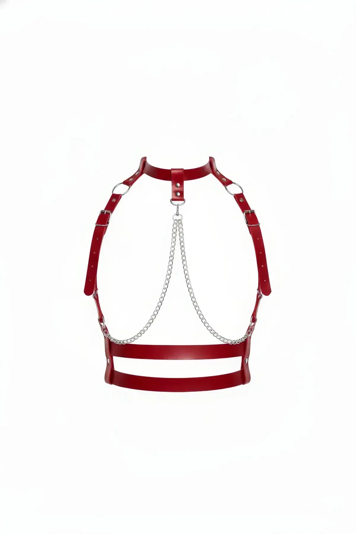 Red Faux Leather Choker Harness with Draped Chains