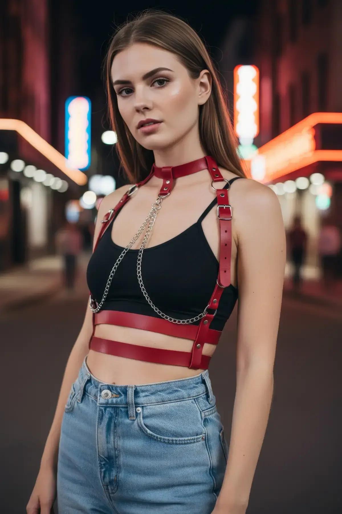 Red Faux Leather Body Harness with Choker and Chains