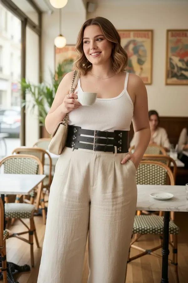 ខ្សែក្រវ៉ាត់ corset ស្បែក សិប្បនិម្មិត ពណ៌ ខ្មៅ បុរាណ ទទឹង ១២ សង់ទីម៉ែត្រ តុបតែង ខ្សែ រឹត ៣ ជាន់ និង ឡេវ ដែក ពណ៌ ប្រាក់