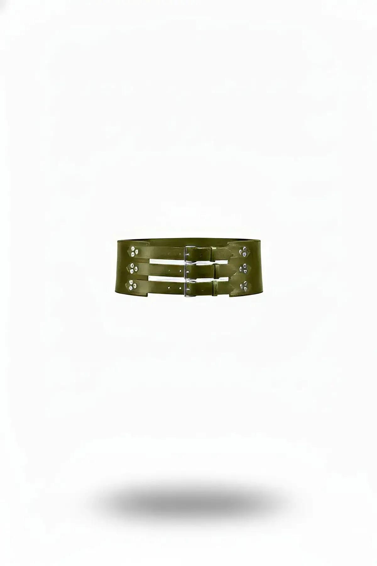 Khaki Faux Leather Waist Belt with Triple Buckle Straps