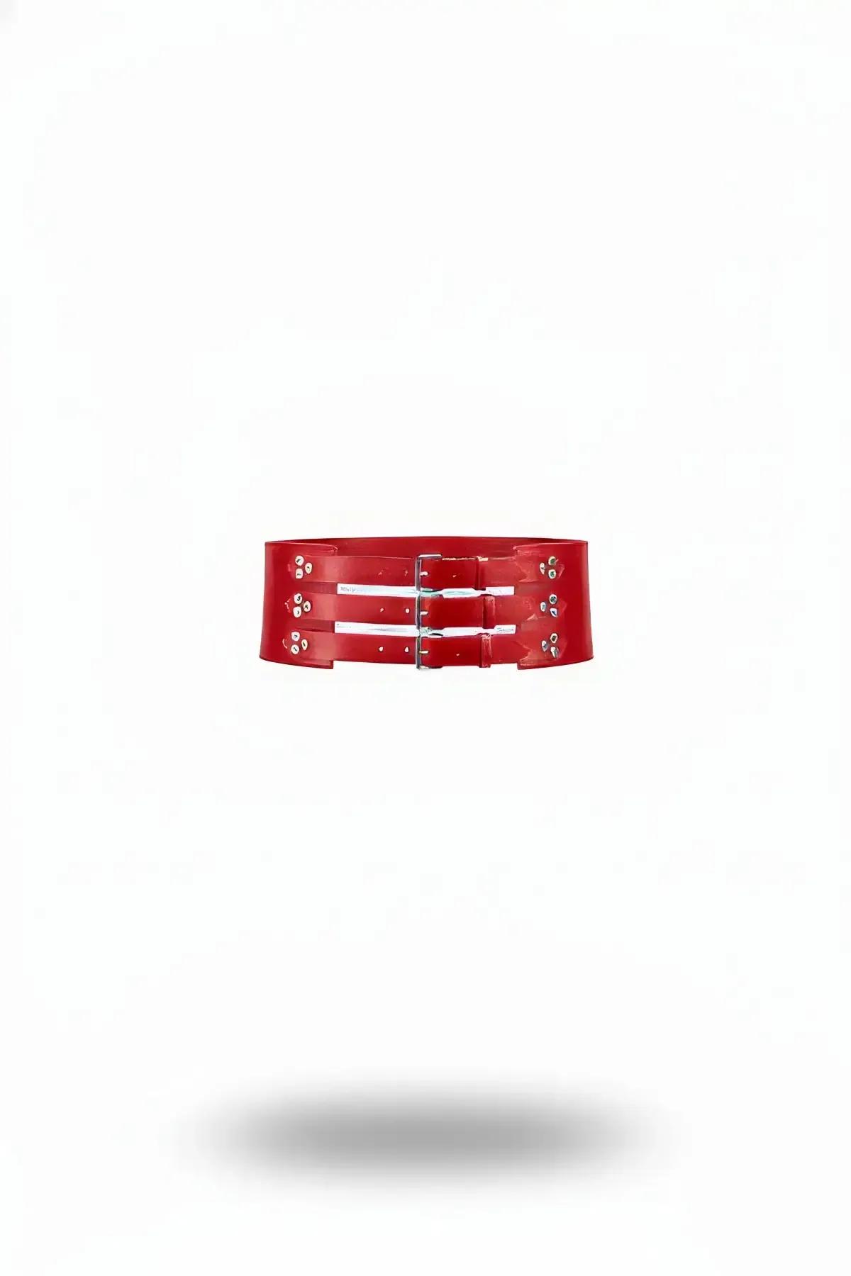 Wide Red Waist Belt with Triple Buckle Closure