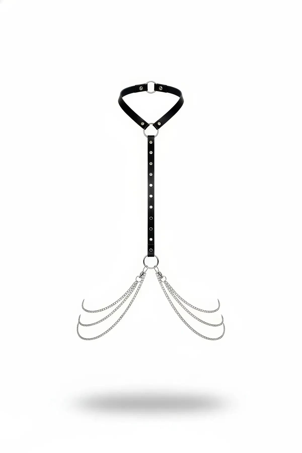 Faux Leather Choker Harness with Draping Chains