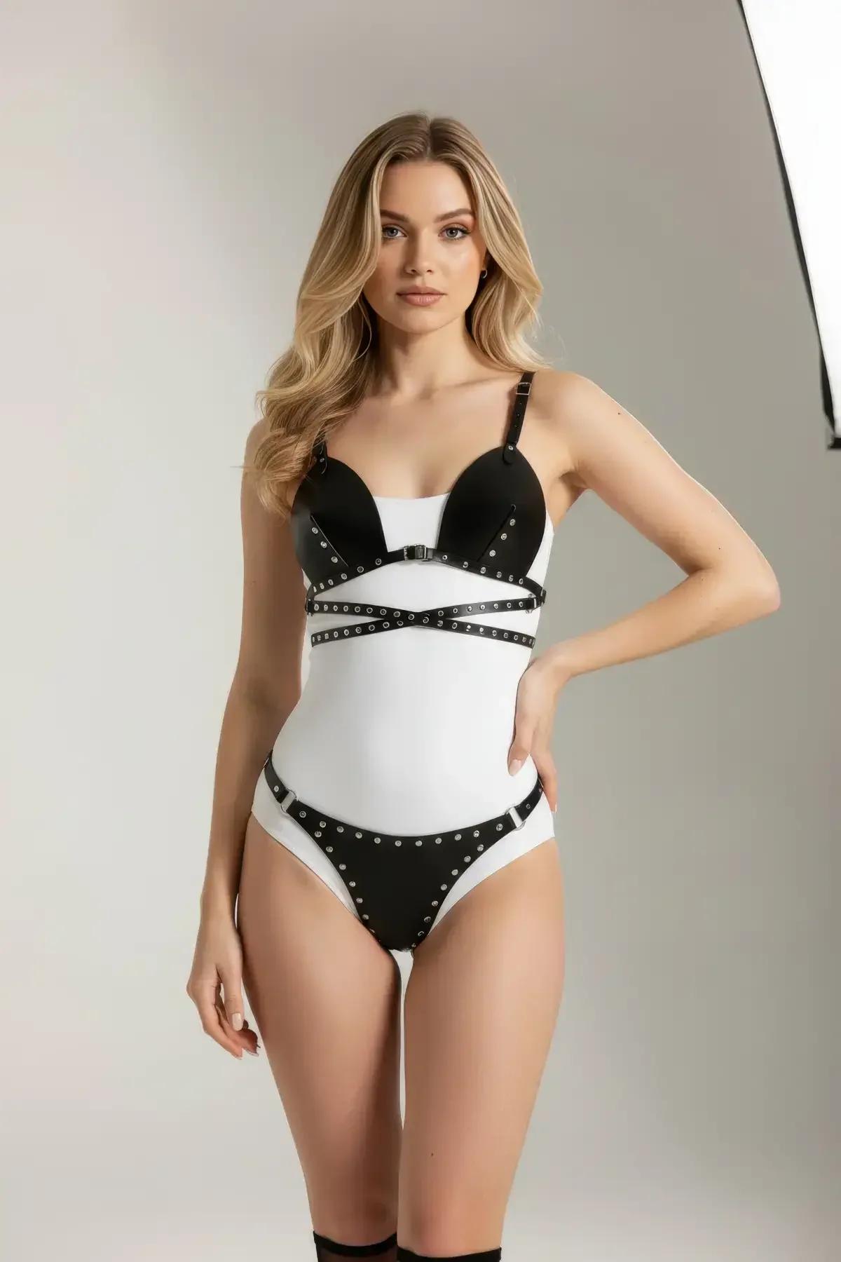 Studded Faux Leather Harness Bralette & Panty Set