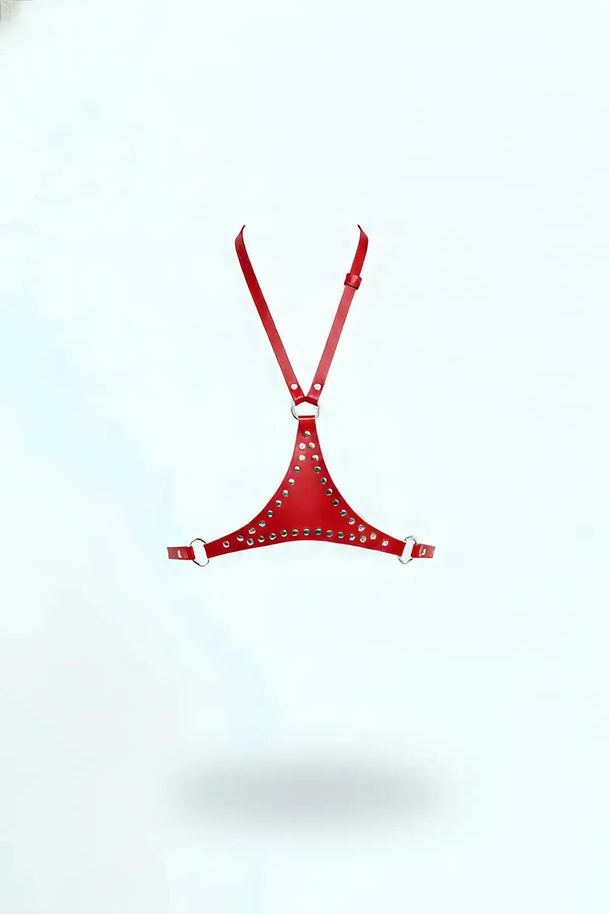 Red Faux Leather Studded Halter Chest Harness