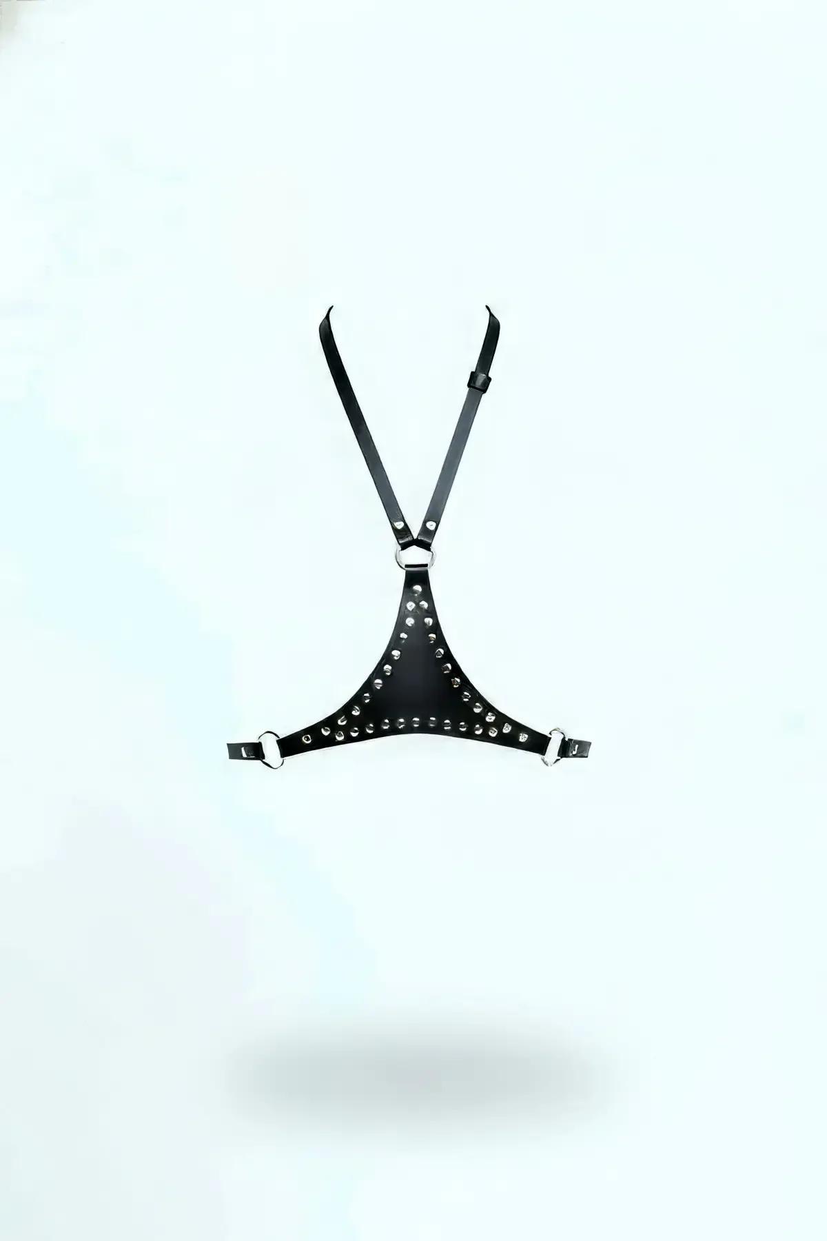Black Studded Chest Harness with O-Ring Detail