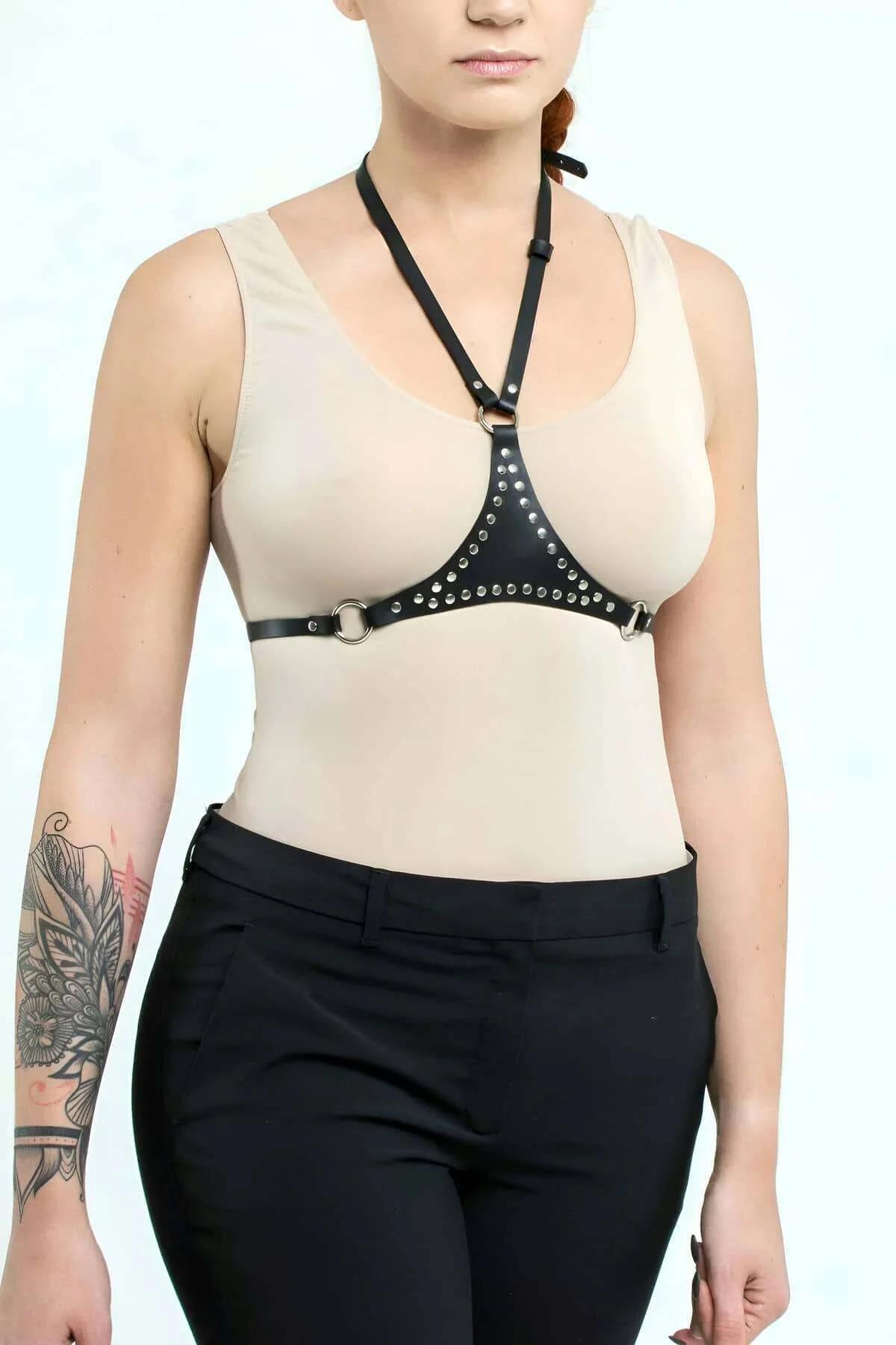 Women's Leather Studded Body Harness - Adjustable Fashion Accessory