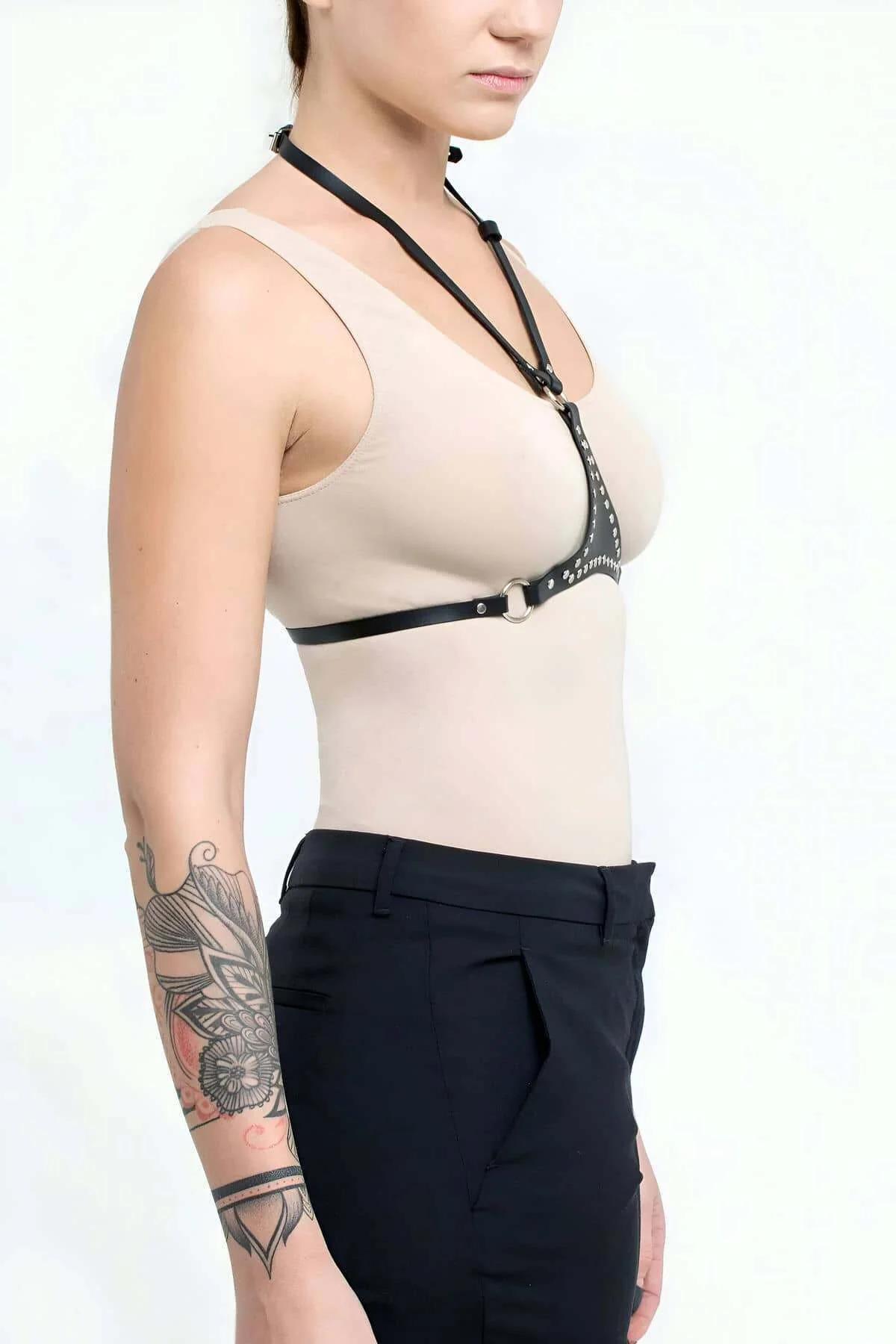 Women's Leather Studded Body Harness - Adjustable Fashion Accessory
