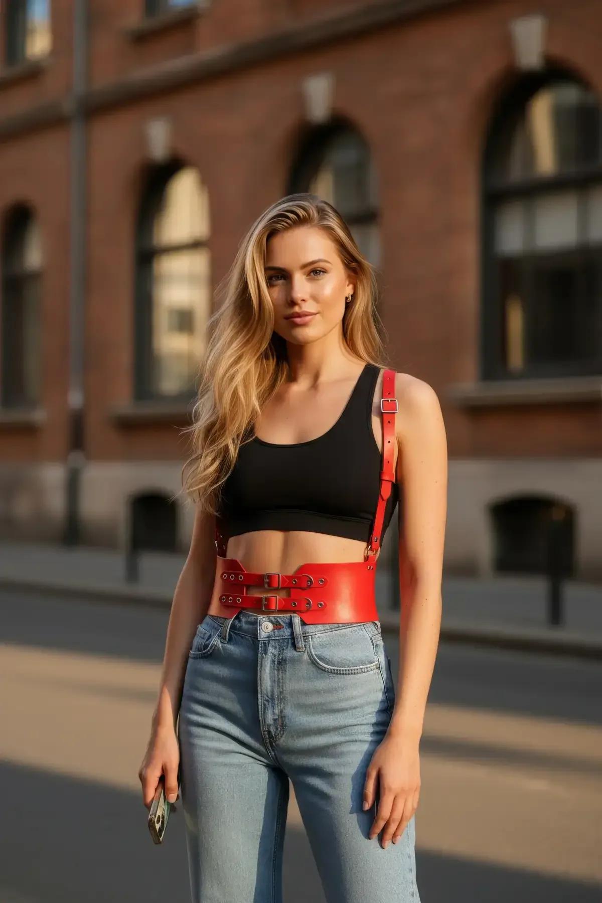 Red Faux Leather Waist Harness with Adjustable Shoulder Straps