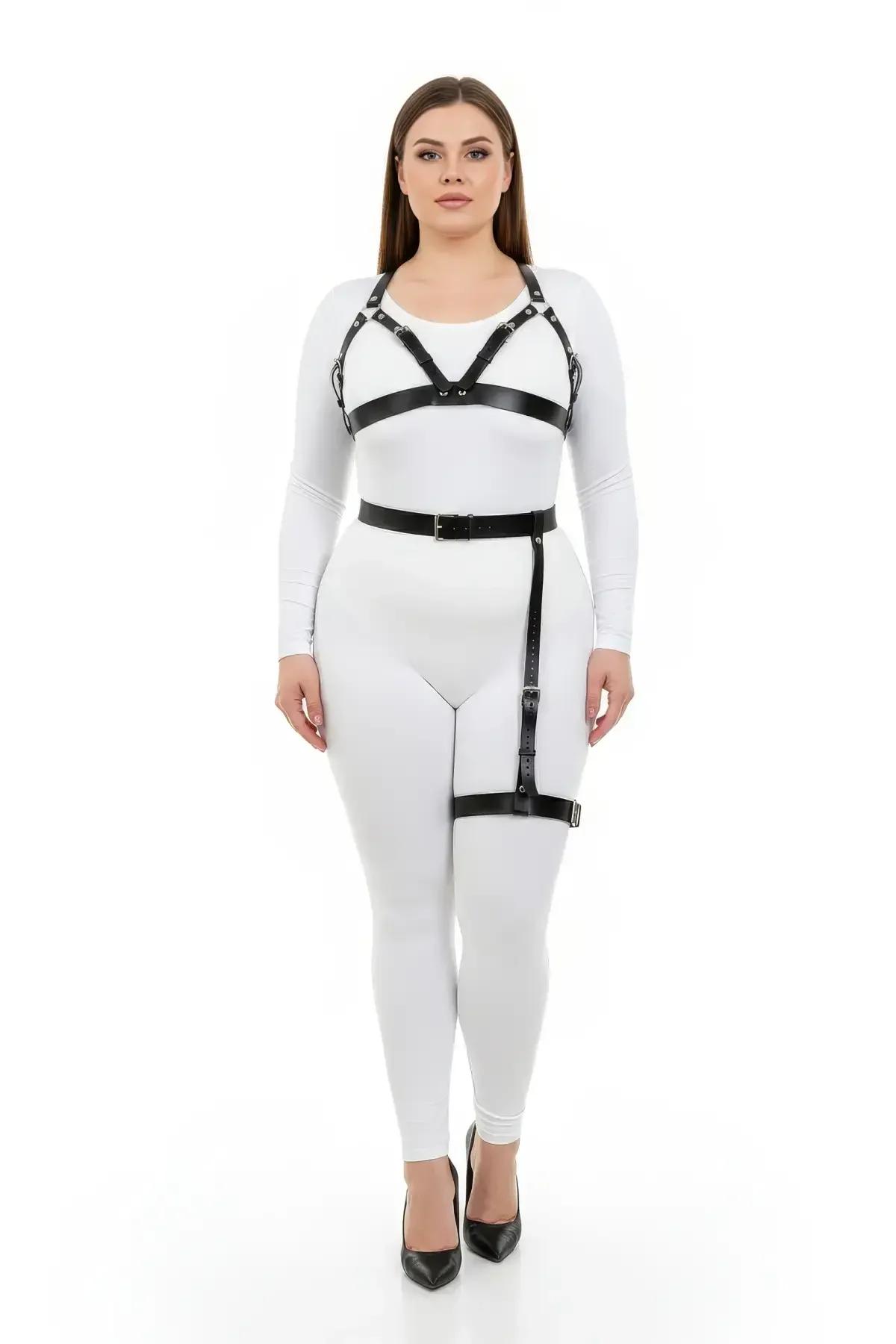 Adjustable Faux Leather Harness Bra & Thigh Garter Set