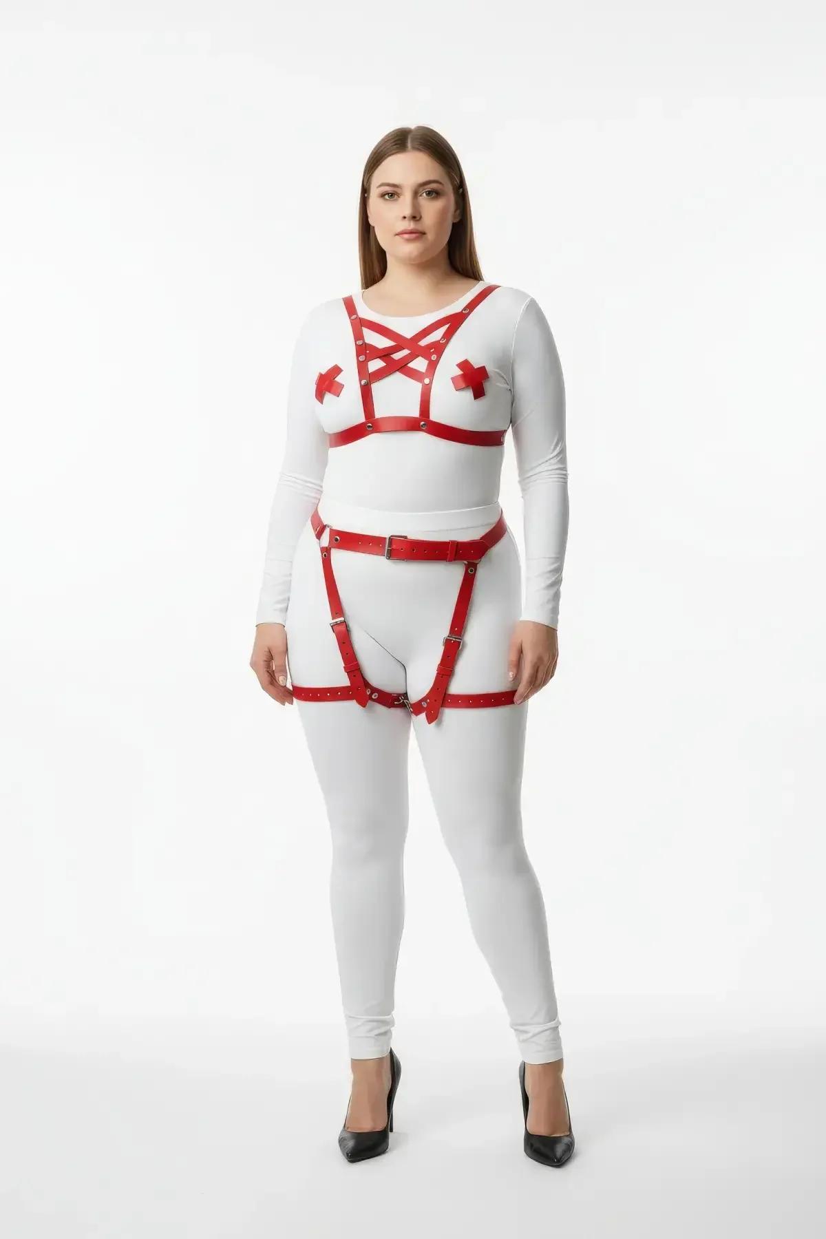 Red Faux Leather Body Harness Set with Thigh Straps