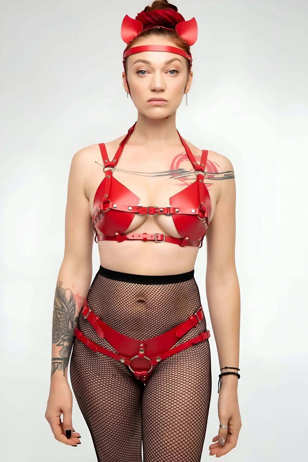 Red Leather Harness Bra & Panty Set - Adjustable Design