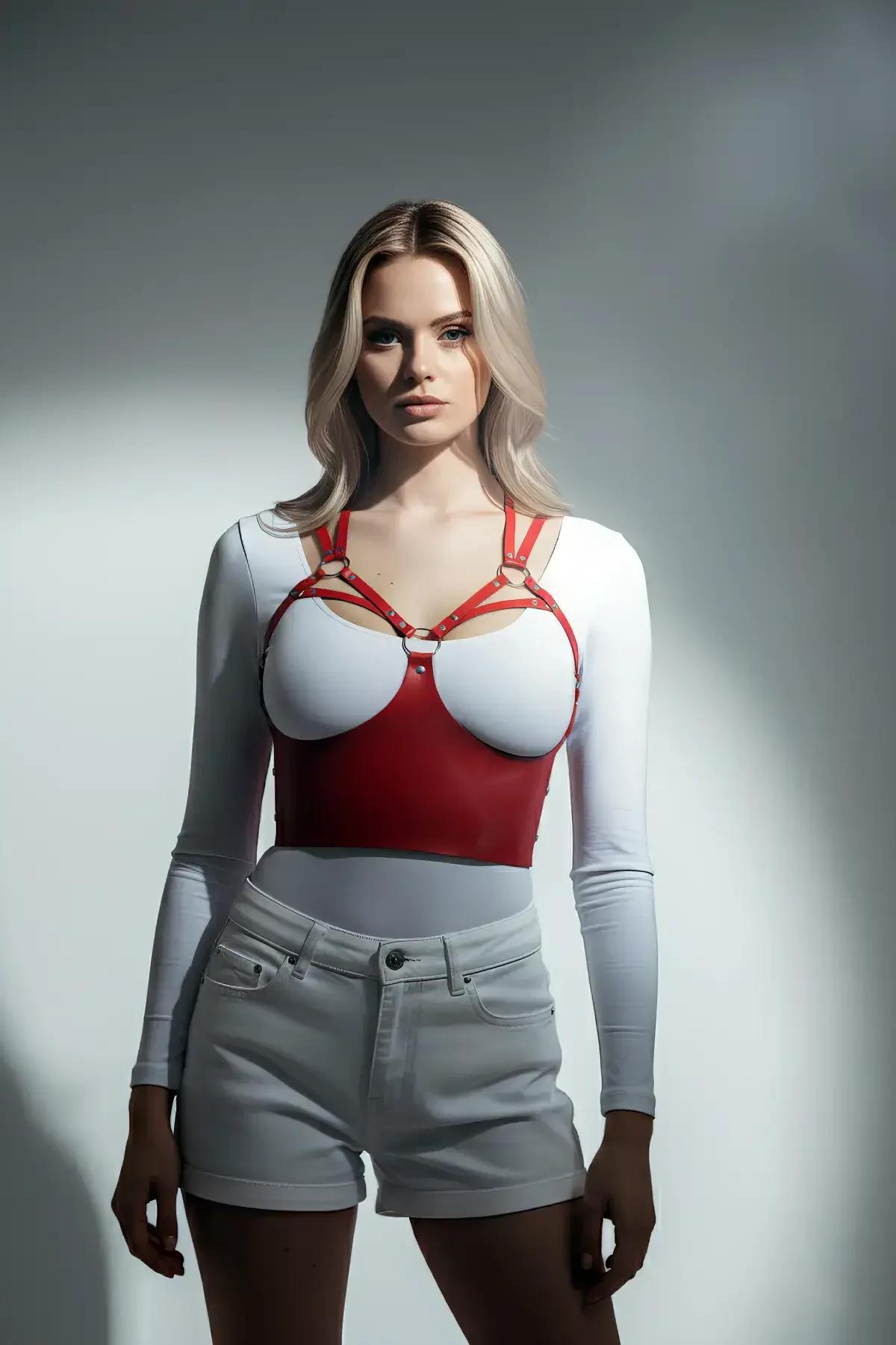 Red Faux Leather Panel Chest Harness with O-Rings