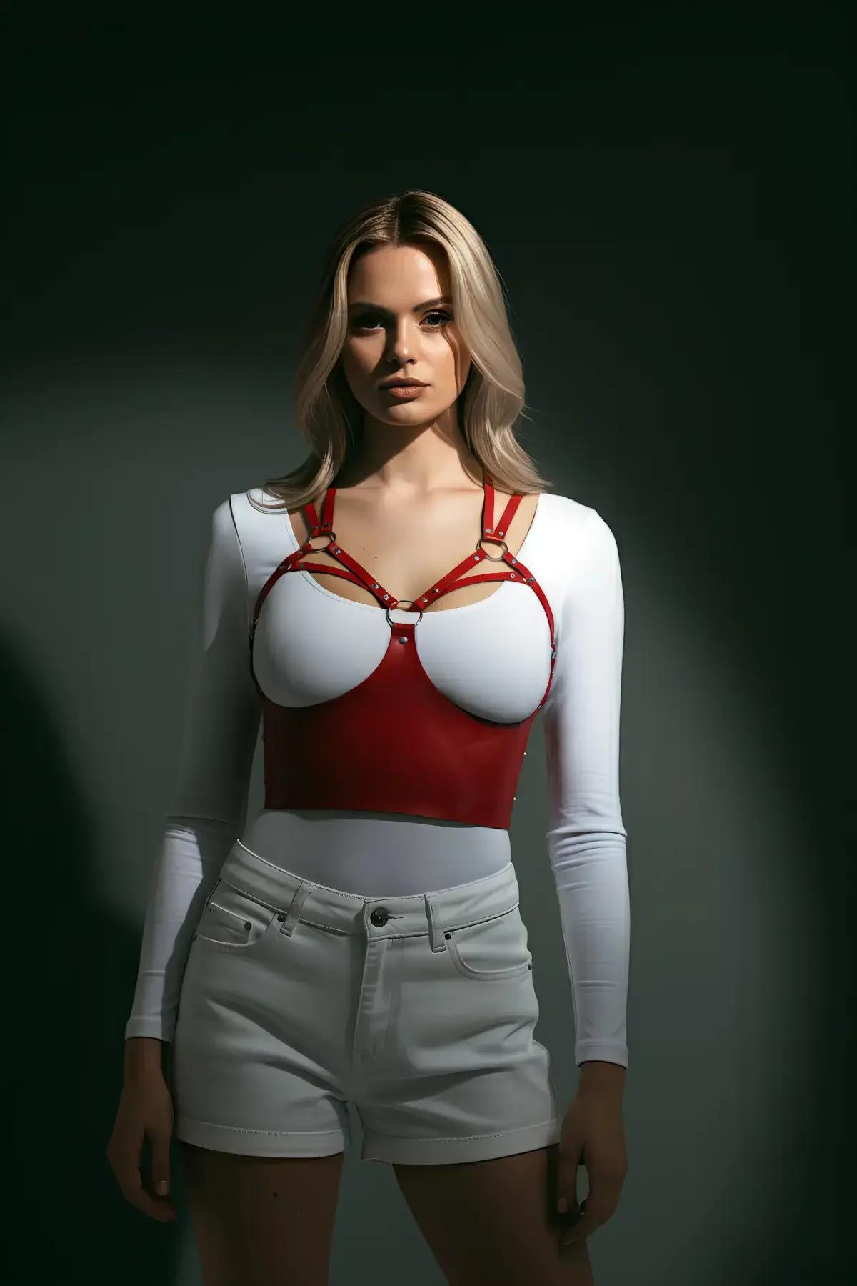 Red Faux Leather Panel Chest Harness with O-Rings