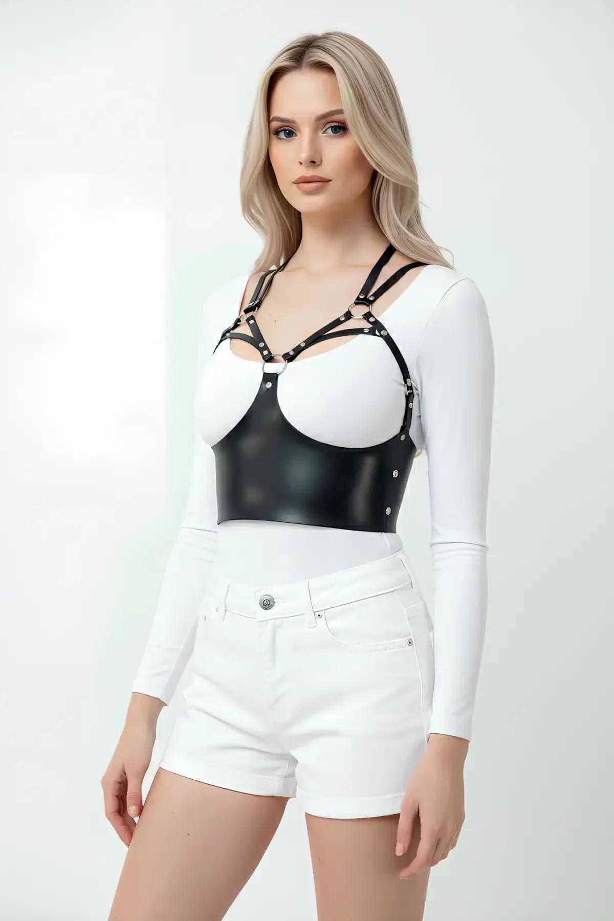 Faux Leather Bustier Harness with Studded Cup Detail