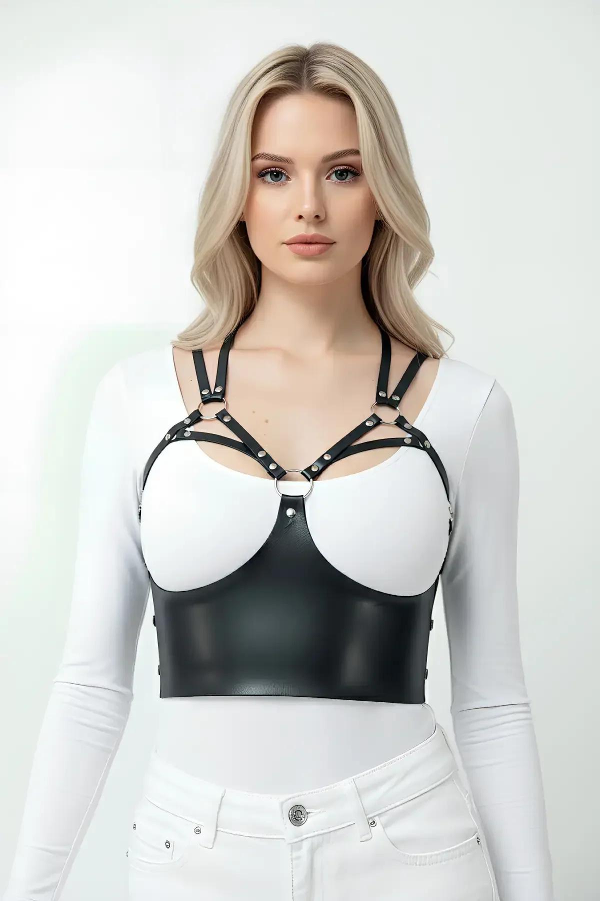 Faux Leather Bustier Harness with Studded Cup Detail