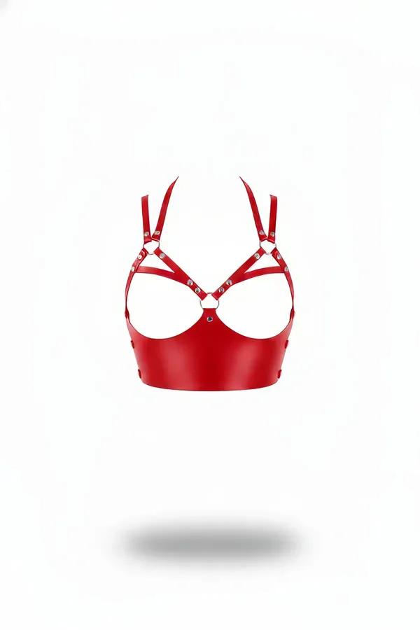 Red Open Cup Bustier Harness with Studded Straps